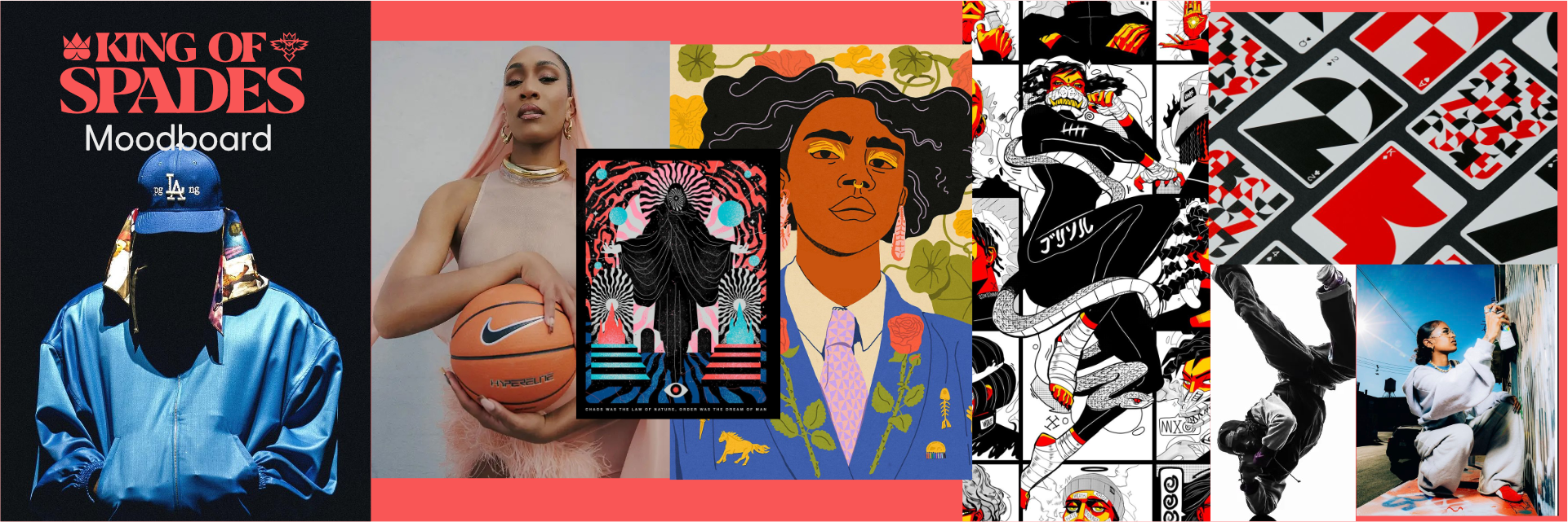 King of Spades, Affinity x Pope Phoenix, mood board, vector illustration, red purple