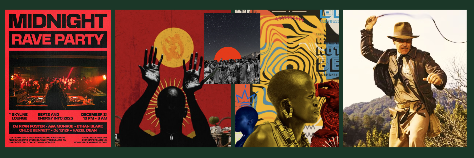 moodboard, red flyer, Indiana jones, cultural art, cultural illustration, patterns