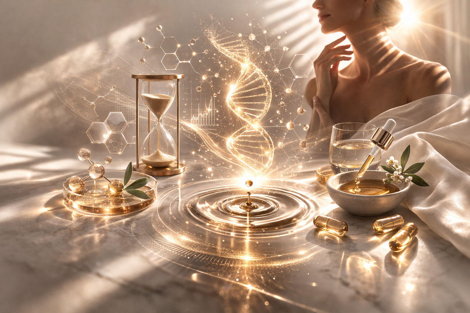 Luxury longevity and aging science concept illustrating how hormones, metabolism, and lifestyle influence aging over time