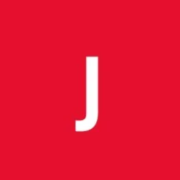 Red background with a large white letter J in the center.