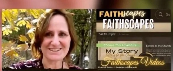 A woman with short brown hair smiling outdoors, with trees and yellow leaves behind her. To the right is a graphic with text about Faithscapes, including phrases like 'Choose This Adventure' and 'My Story'.