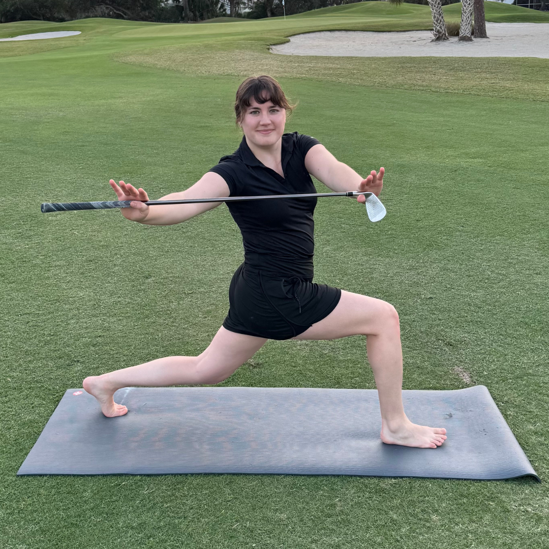Revolved Lunge Yoga Pose for Golfers with Golf Club