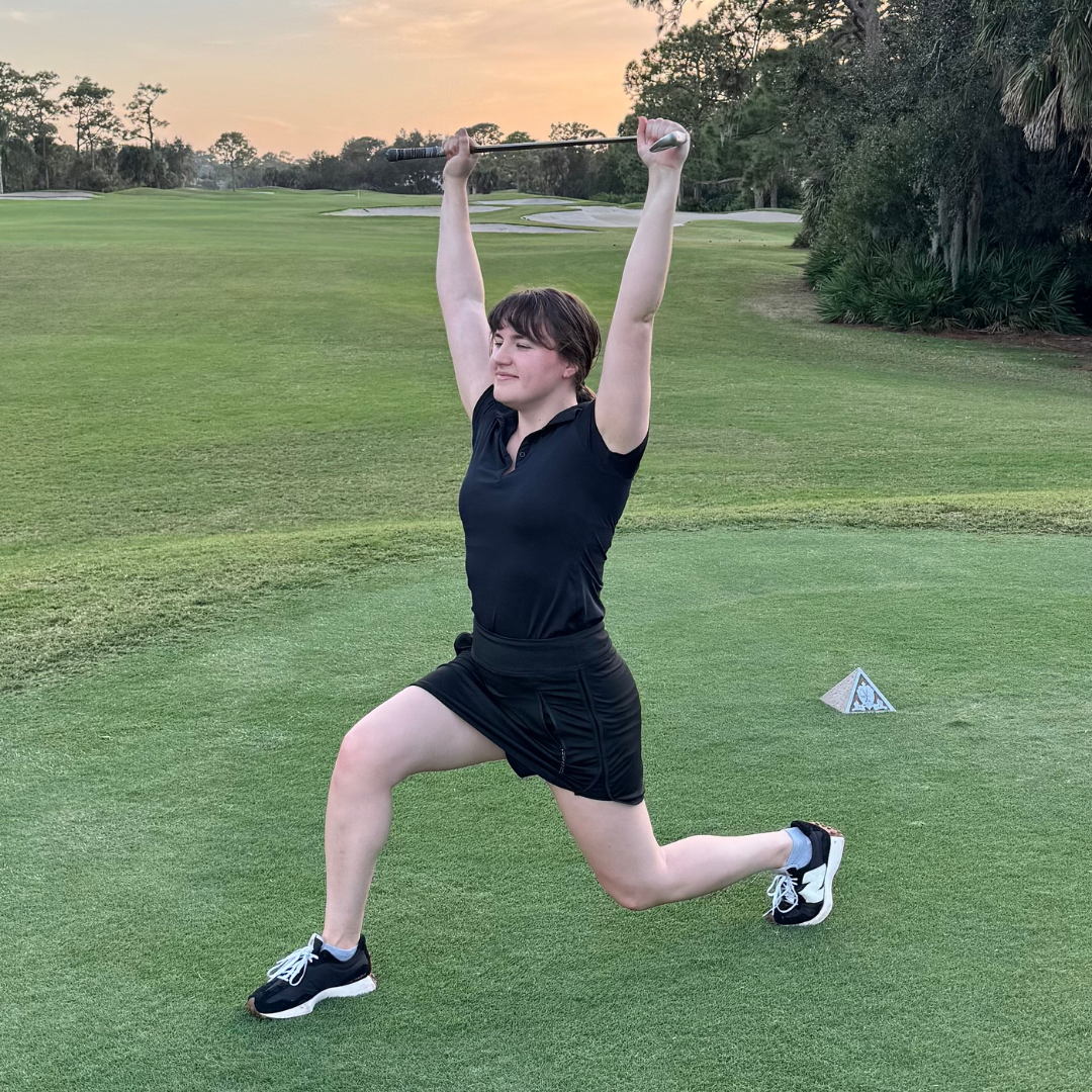 Standing Lunge with Overhead Reach Using Golf Club