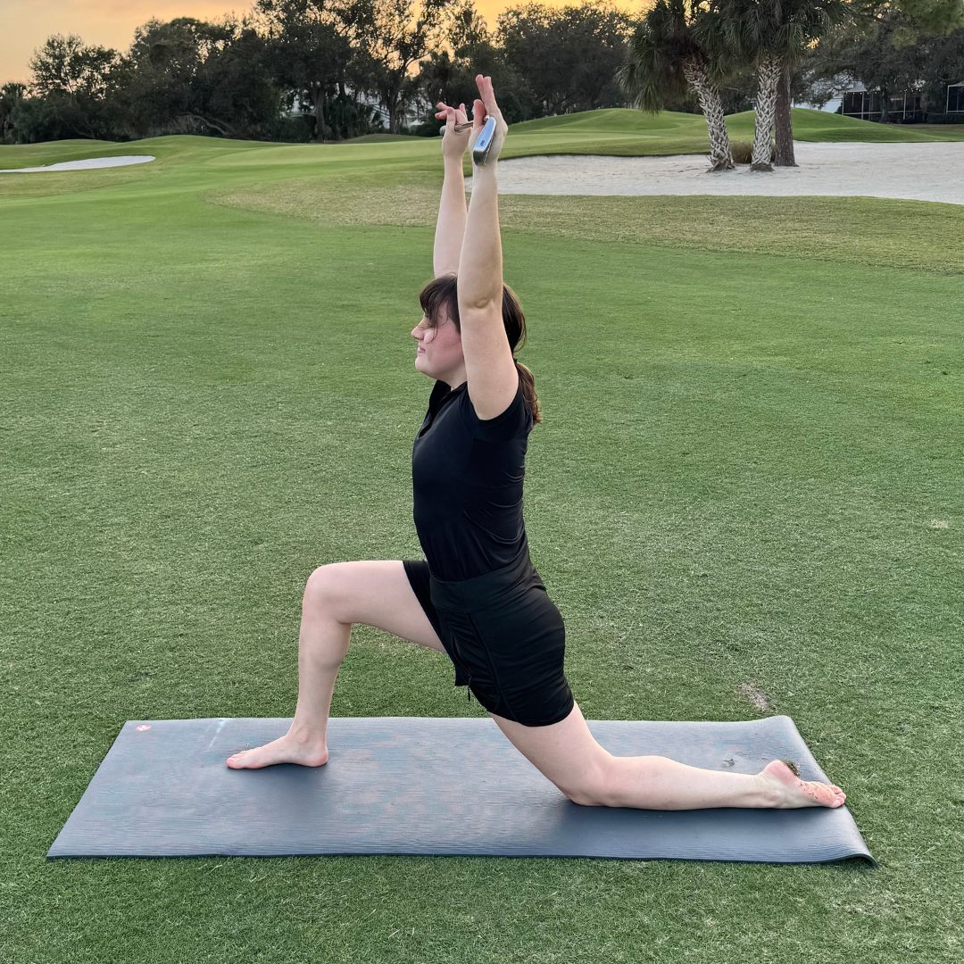 Low Lunge Yoga Pose for Golfers with Golf Club Overhead