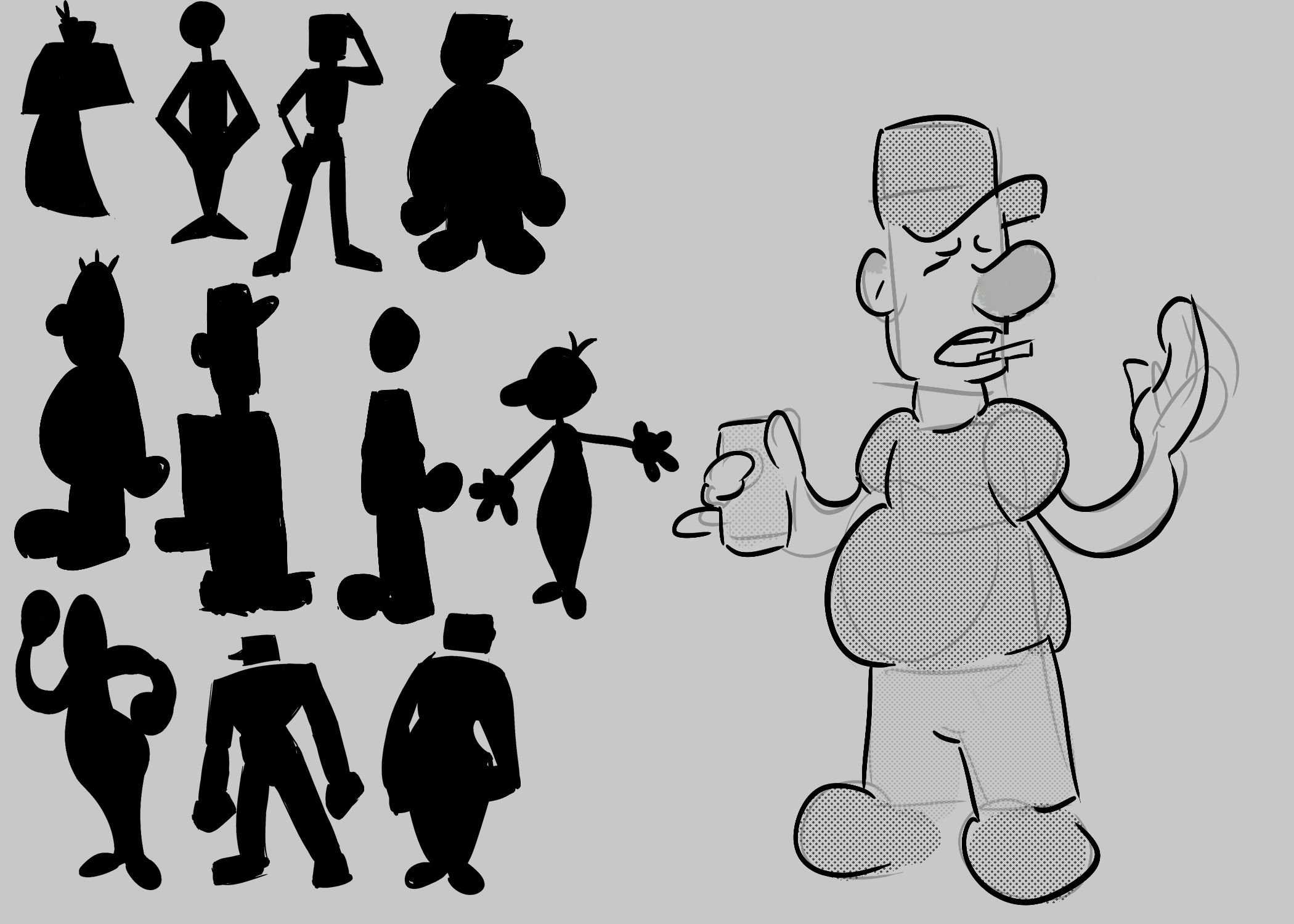 A cartoon illustration featuring a large character with a cigarrete, sunglasses, and casual clothes, holding a phone and another object, with a group of black silhouette figures of various shapes and sizes to the left.