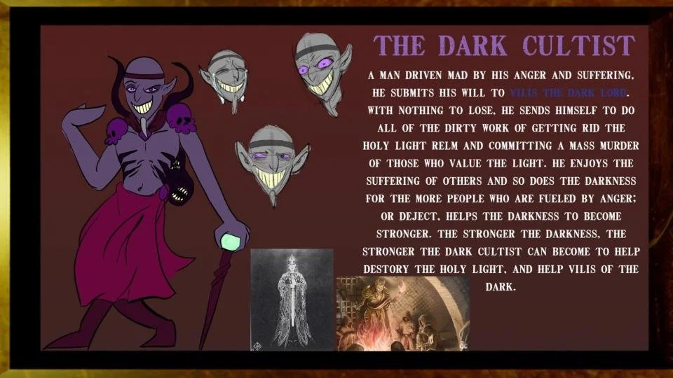 Illustration of a dark cultist character with purple skin, horns, and a sinister smile, holding a staff and a skull, with four floating disembodied heads with mischievous grins above. Text titled "The Dark Cultist" explains their role in serving dark