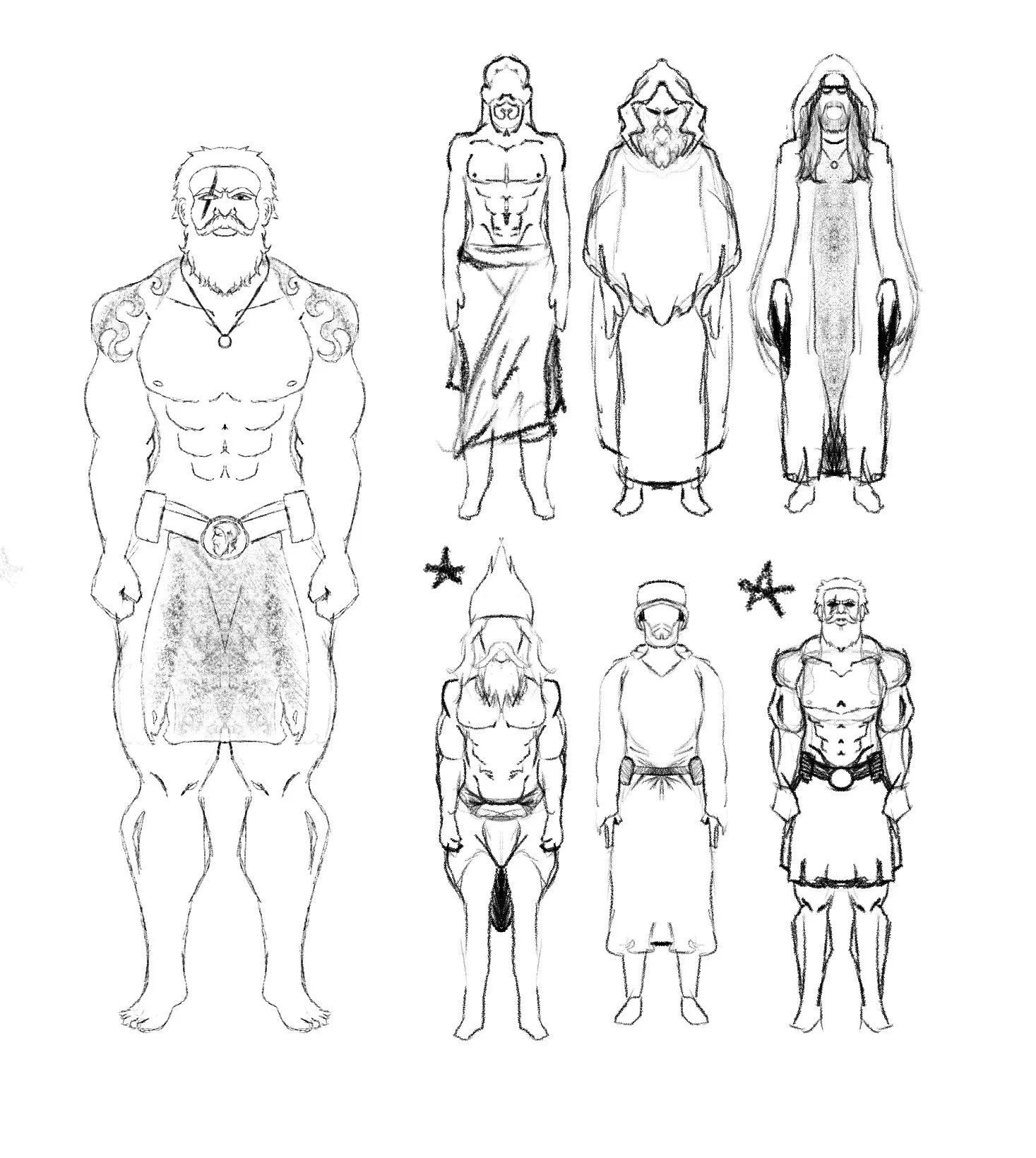 Black and white sketches of various fantasy characters, including a muscular man with a beard and eye patch, a woman with long wavy hair, a bearded figure with glasses, a tall woman with long hair, a character with a large headpiece and beard, an arm