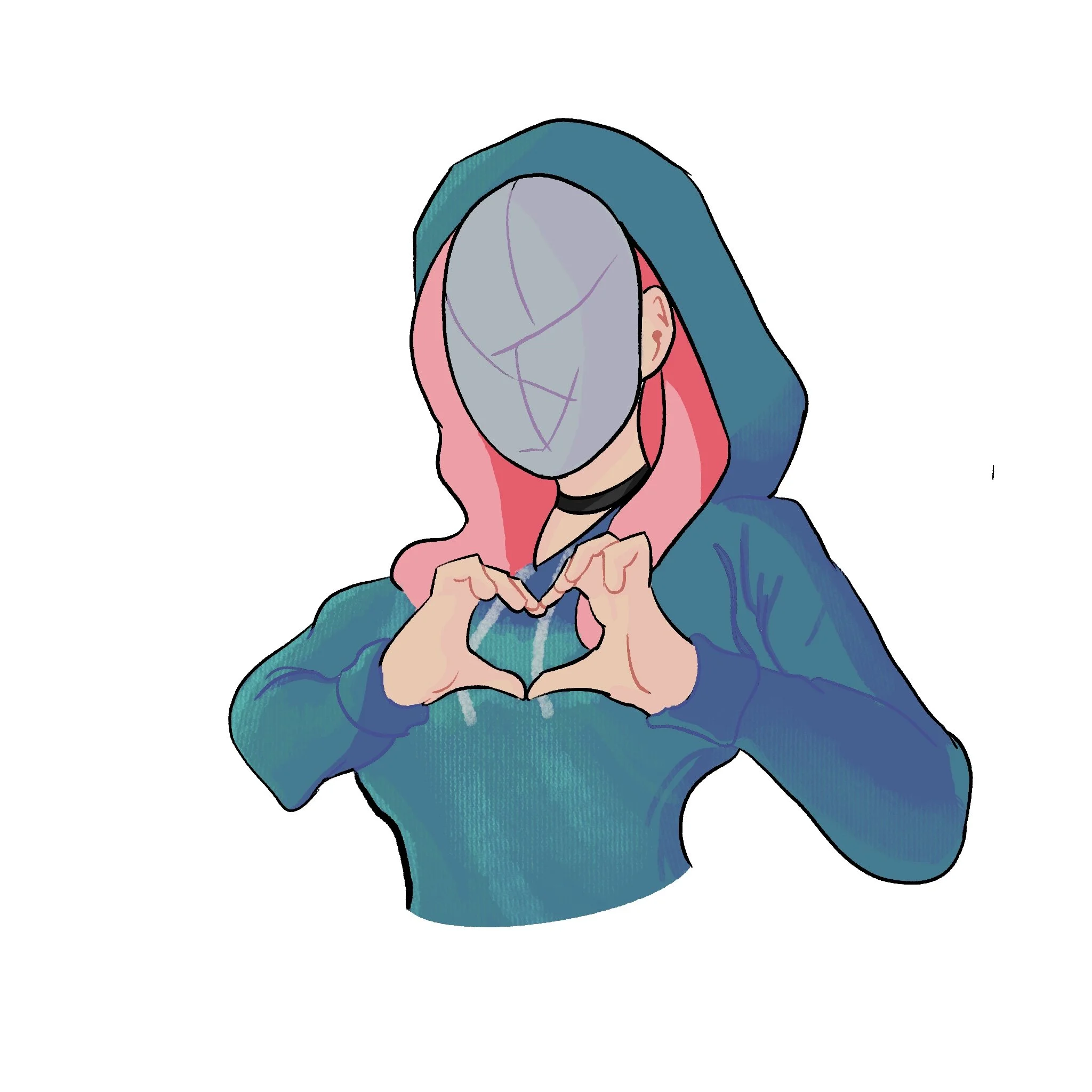 A person with pink hair wearing a hoodie and a faceless mask making a heart shape with their hands.