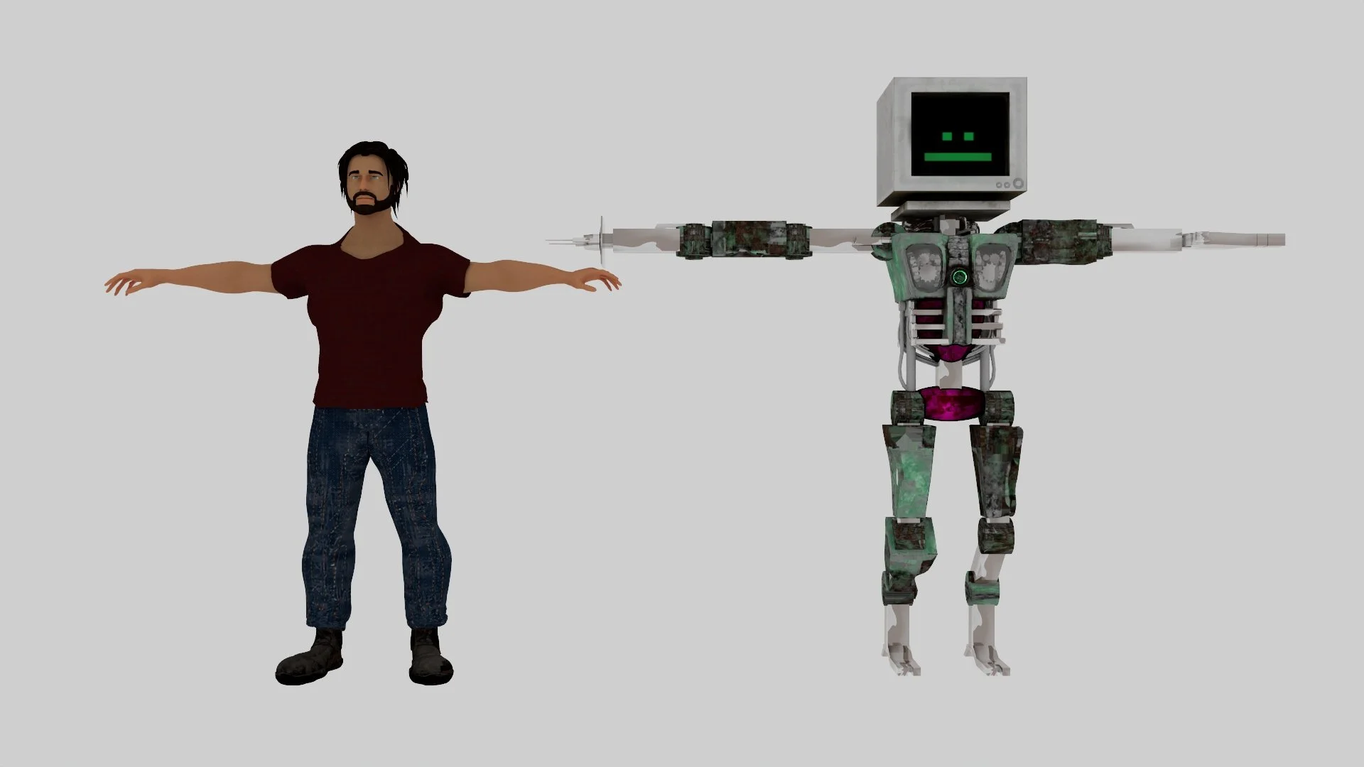 A human figure with arms extended parallel to the ground standing next to a humanoid robot with a computer monitor for a head and robot limbs, all against a plain light gray background.