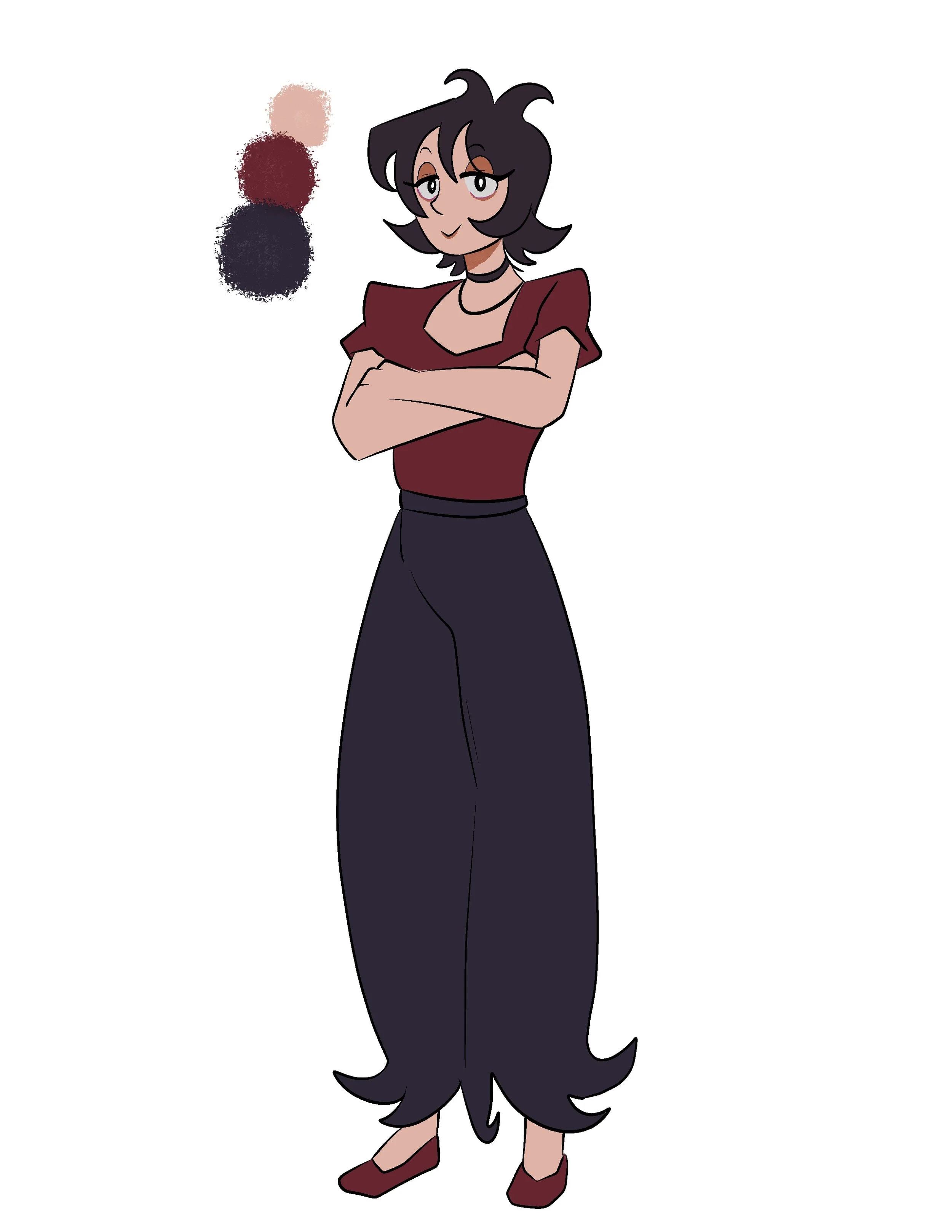 A cartoon woman with short, messy black hair, arms crossed, wearing a maroon top, high-waisted black pants, and maroon shoes, with color swatches of blush pink, maroon, and dark gray near her head.