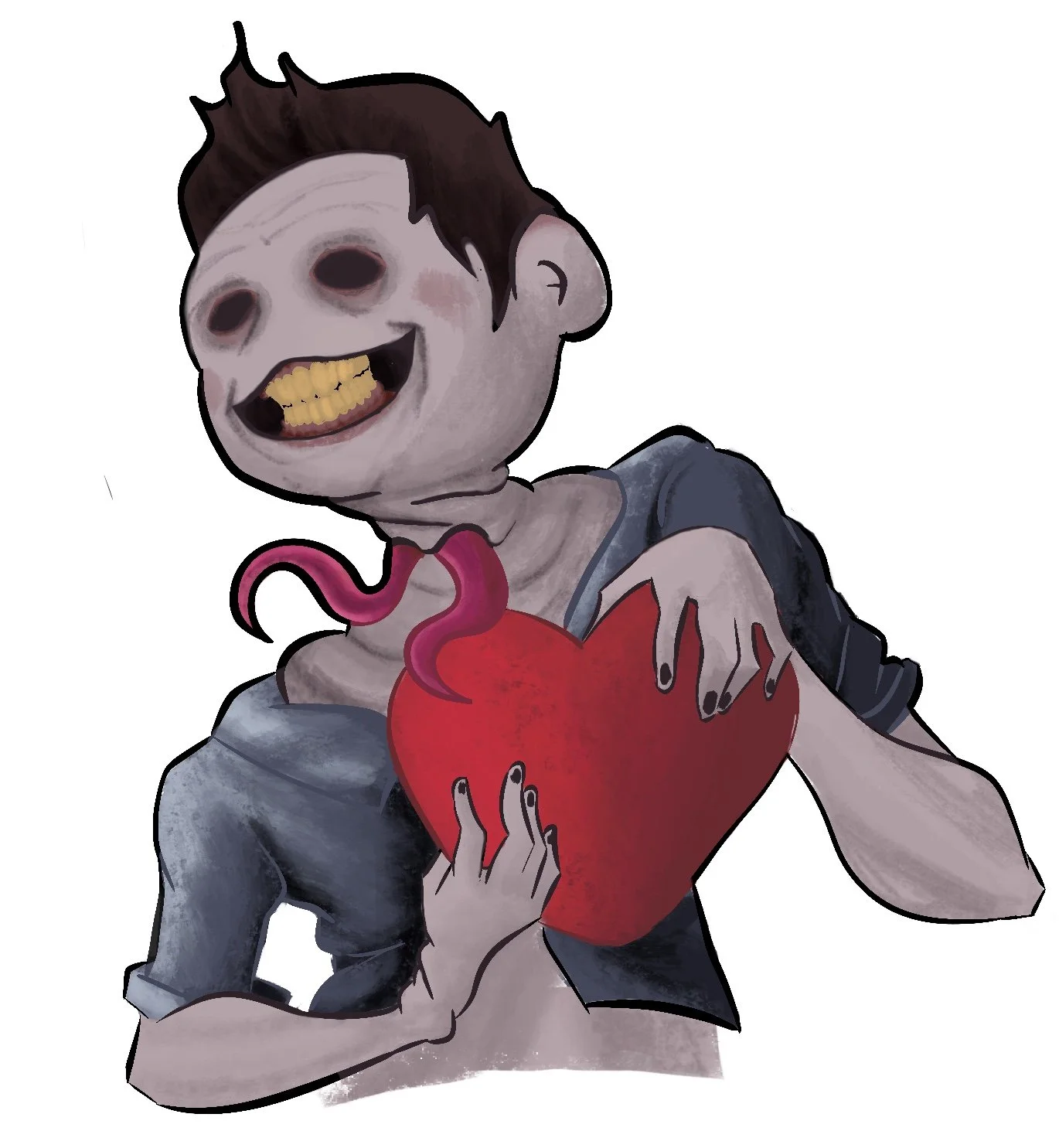 A cartoon illustration of a creepy character with a skull-like face, holding a large red heart with pink tentacles emerging from it. The character has dark hair, yellow teeth, and is dressed in a dark shirt and jeans.