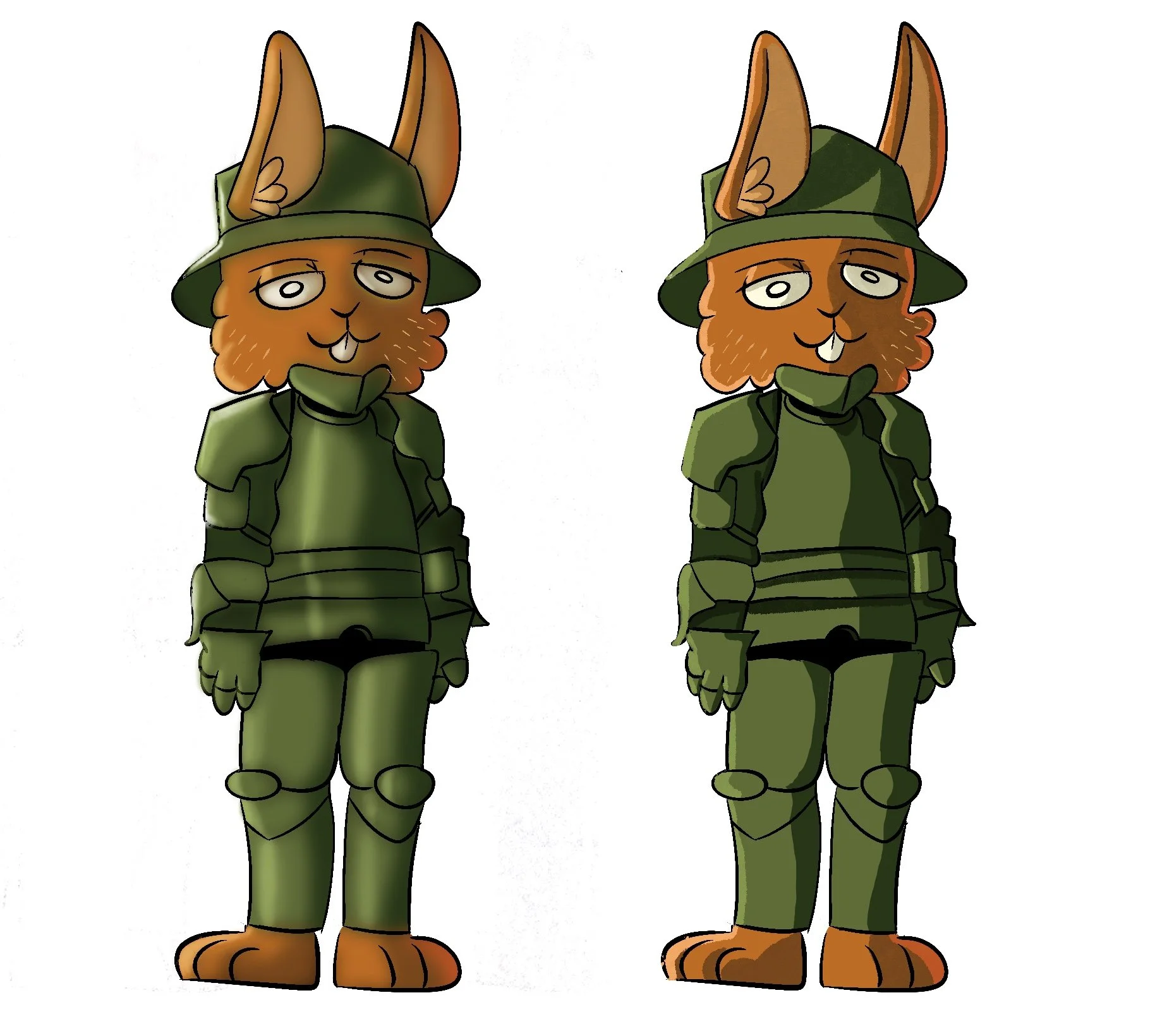 Animated cartoon rabbit with orange fur, wearing a green military uniform and helmet, standing against a white background.