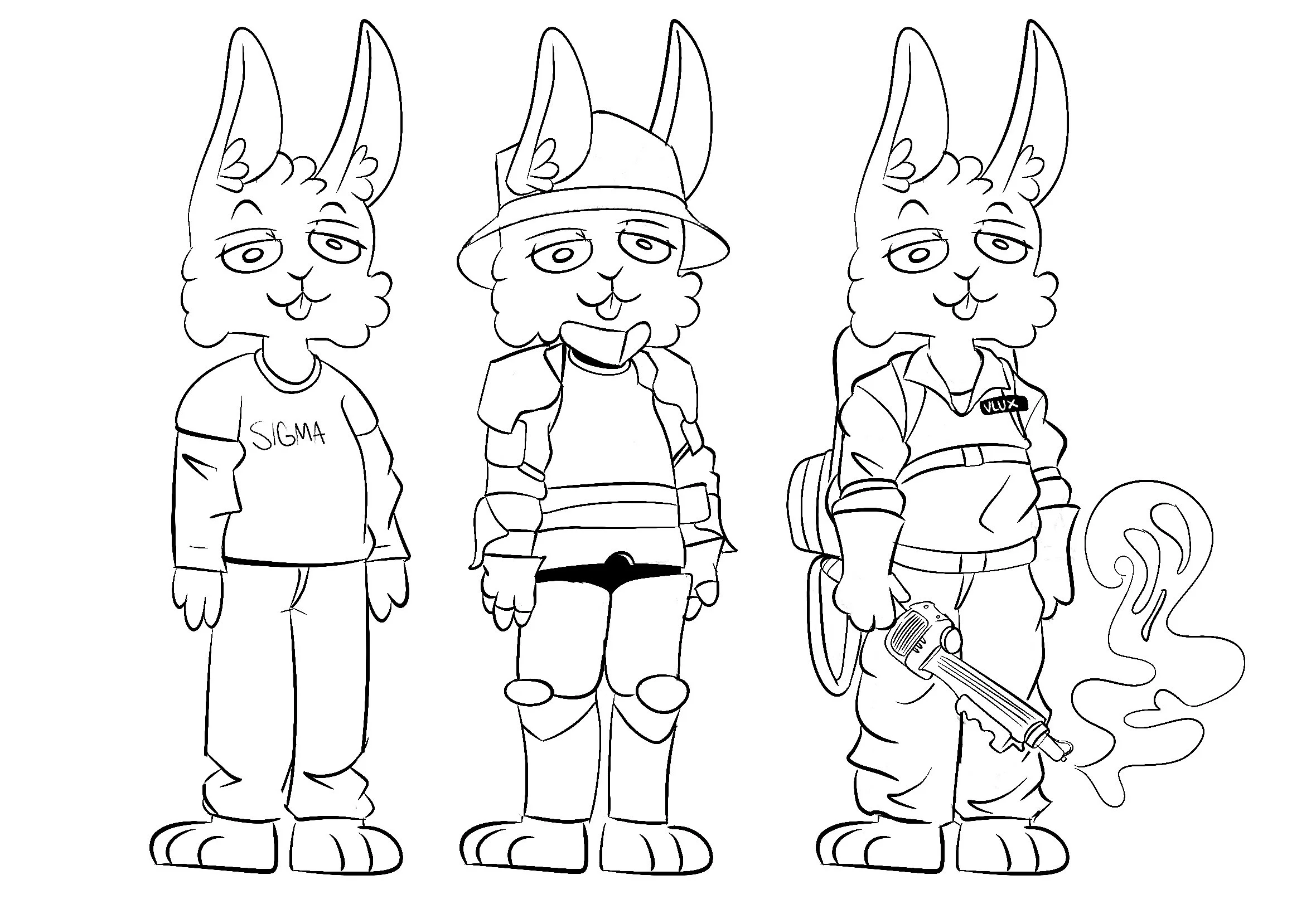 Line drawing of three anthropomorphic rabbits dressed in various costumes, standing side by side. The rabbit on the left is wearing a Sigma T-shirt and casual pants. The middle rabbit is dressed as a firefighter with a helmet, protective gear, and sh