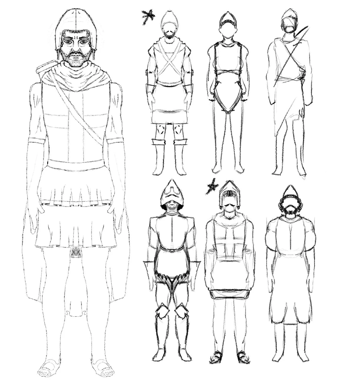 Sketches of eight human figures in historical and fantasy costumes, including armor, robes, and masks, with some figures wearing hats or helmets.