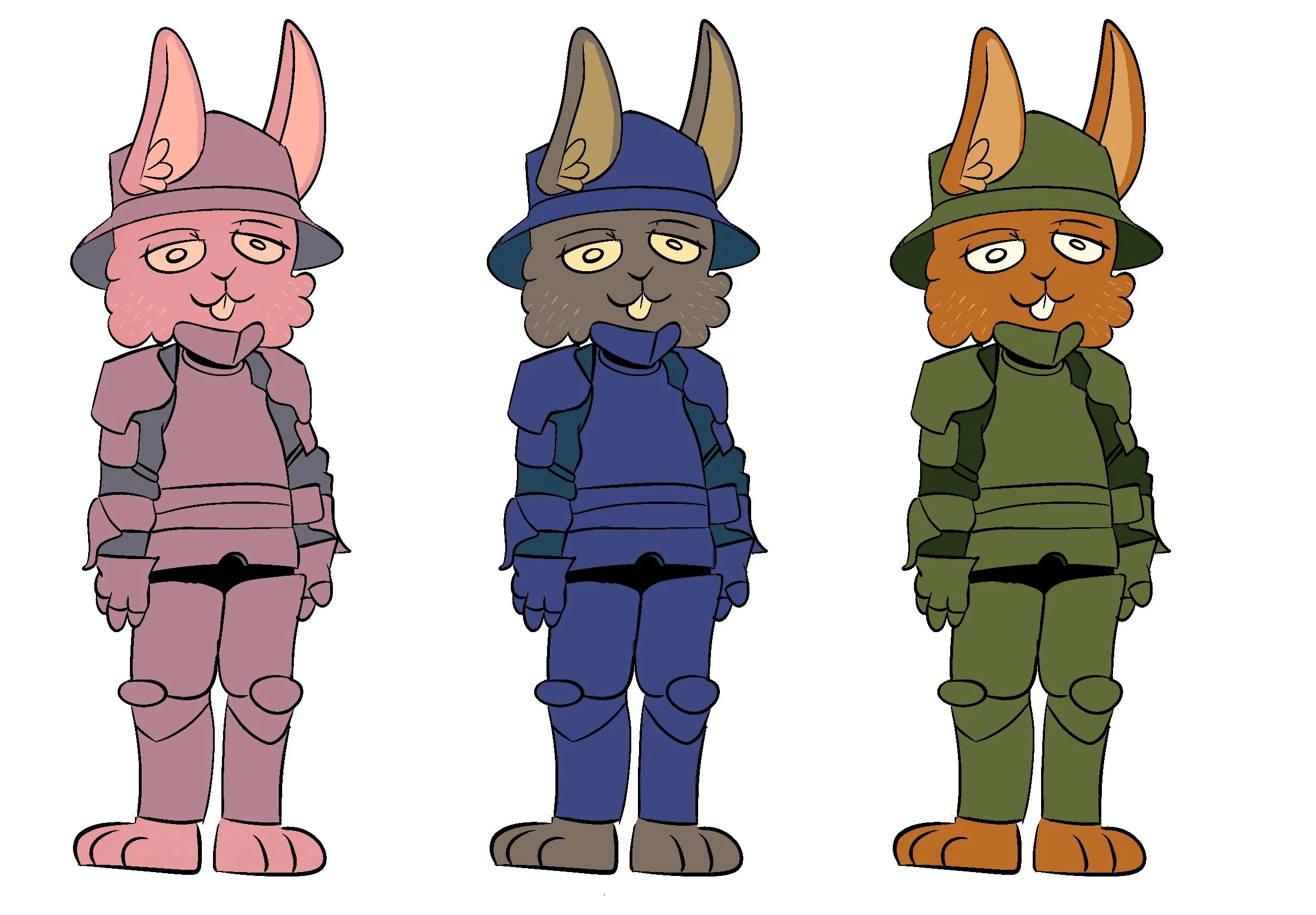 Cartoon bunnies dressed in colorful medieval armor, standing side by side.