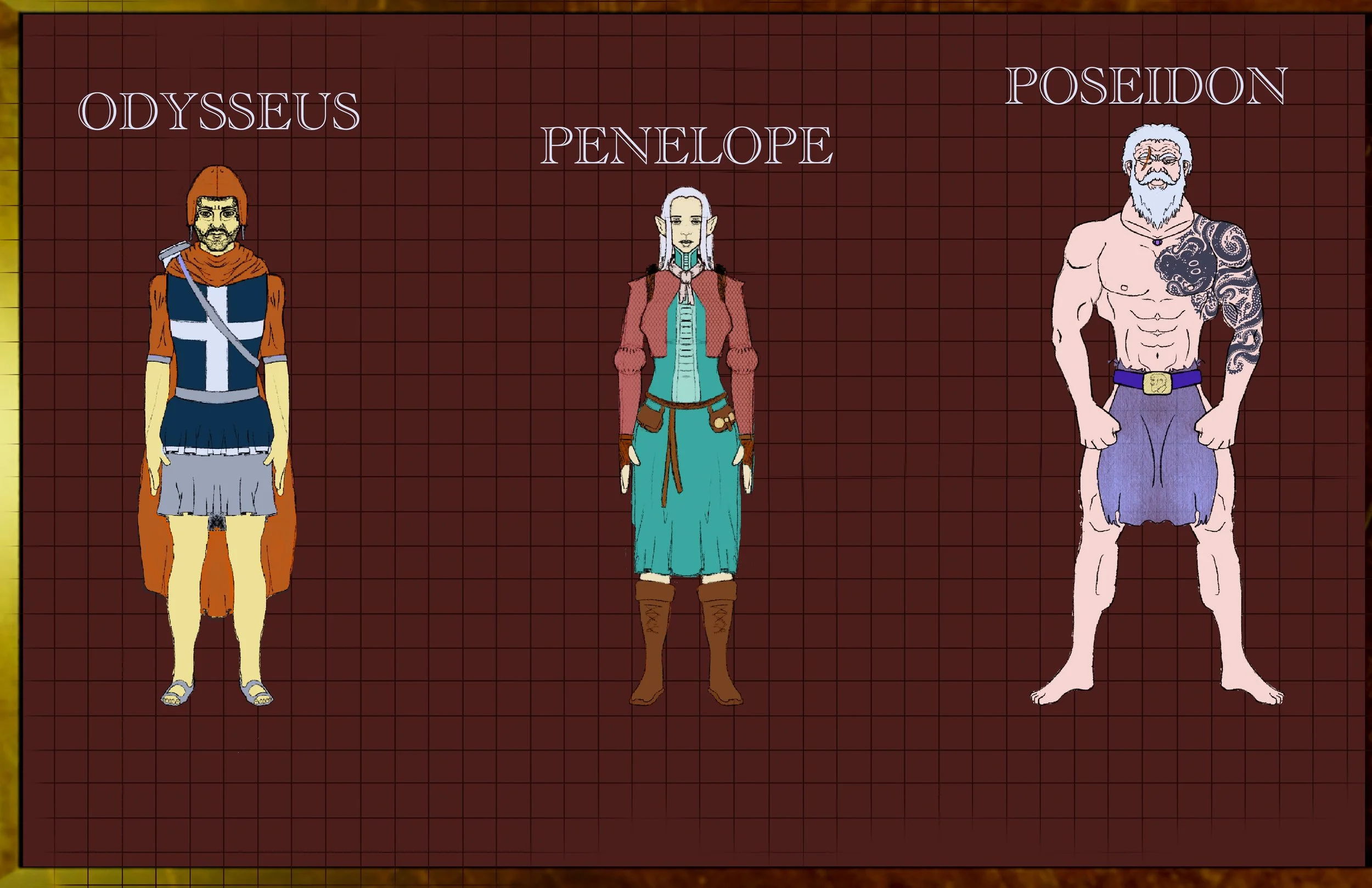 Illustration of three mythological characters with labels: Odysseus, Penelope, Poseidon. Odysseus is in ancient Greek attire with a helmet, armor, and a cape. Penelope is in a long dress with pointed ears and elongated features. Poseidon is a muscula