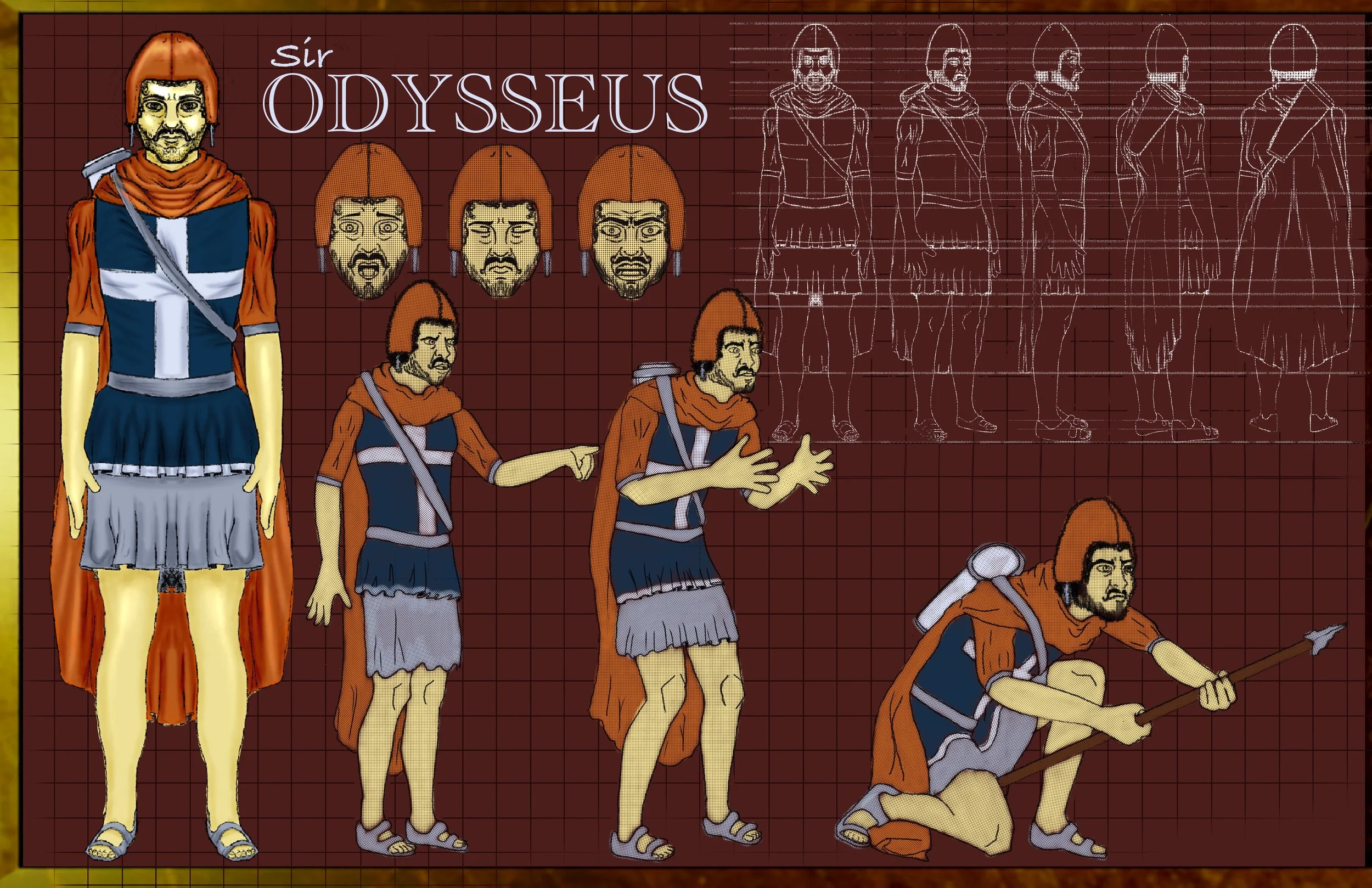 Animation of Sir Odysseus, showing different stages of his appearance and actions, set against a grid background with sketches and text, including a large figure of Odysseus in armor and several smaller sketches depicting him in various postures and 