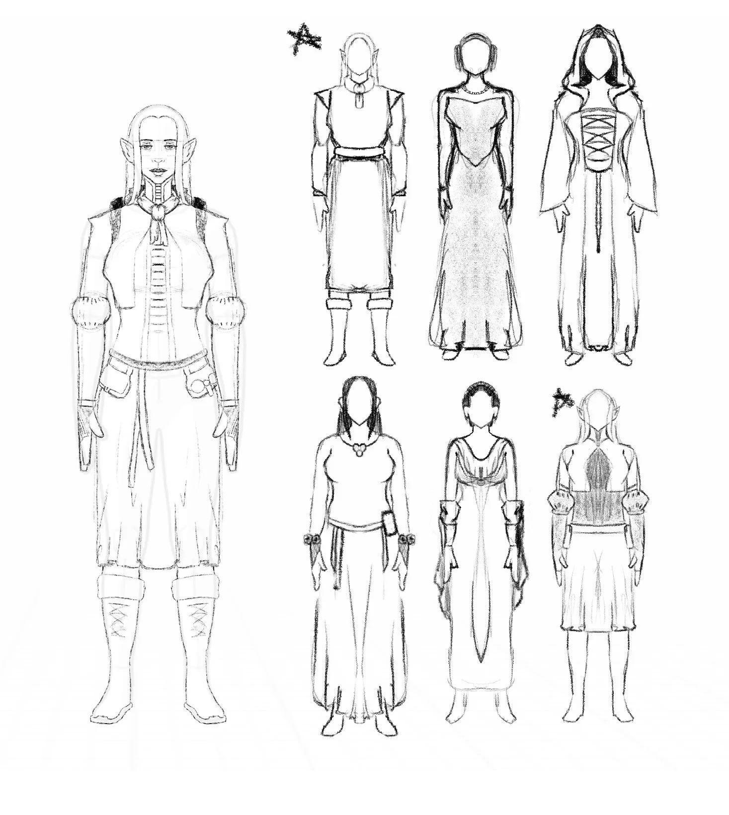 Sketches of eight fantasy character outfits and designs, including a detailed female elf with armor, and various other female costumes with dresses and accessories.