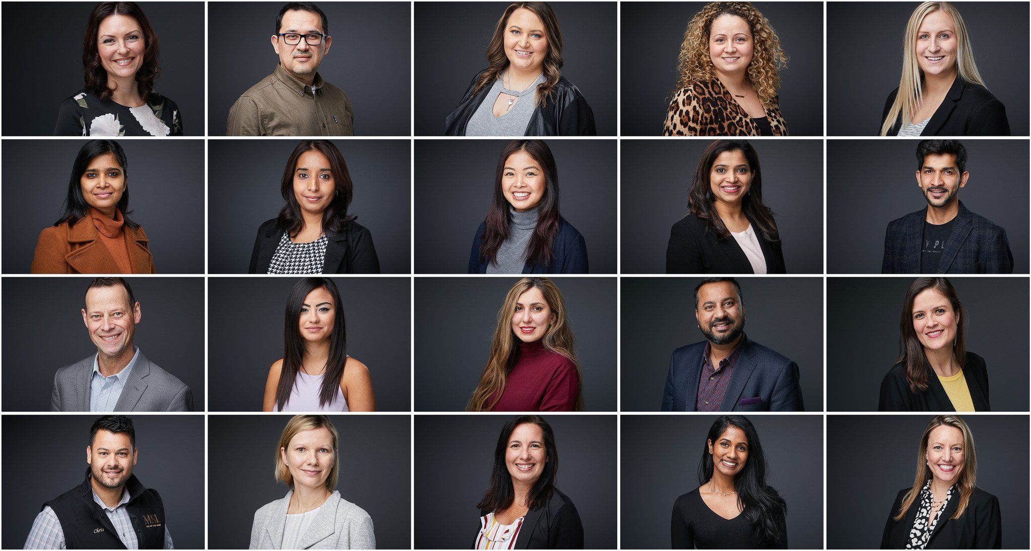 Professional corporate headshot examples with a charcoal backdrop and polished, professional styling.