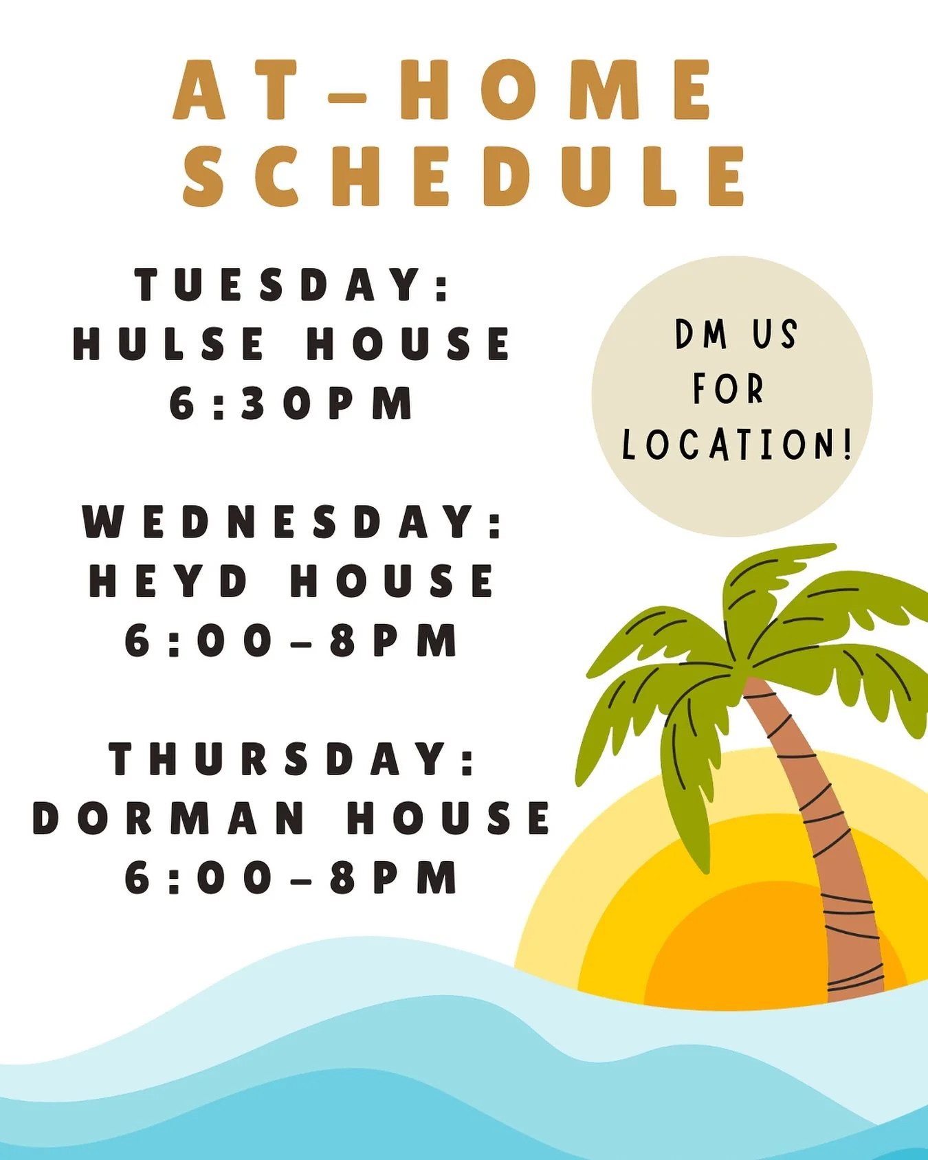 AT HOME LOCATIONS for this week (10/06-10)!!🏡

We encourage everyone to get plugged into an &ldquo;At-Home Group&rdquo;! 

It&rsquo;s where you get to grow deeper in relationship with Jesus and with each other! 

DM for location!!