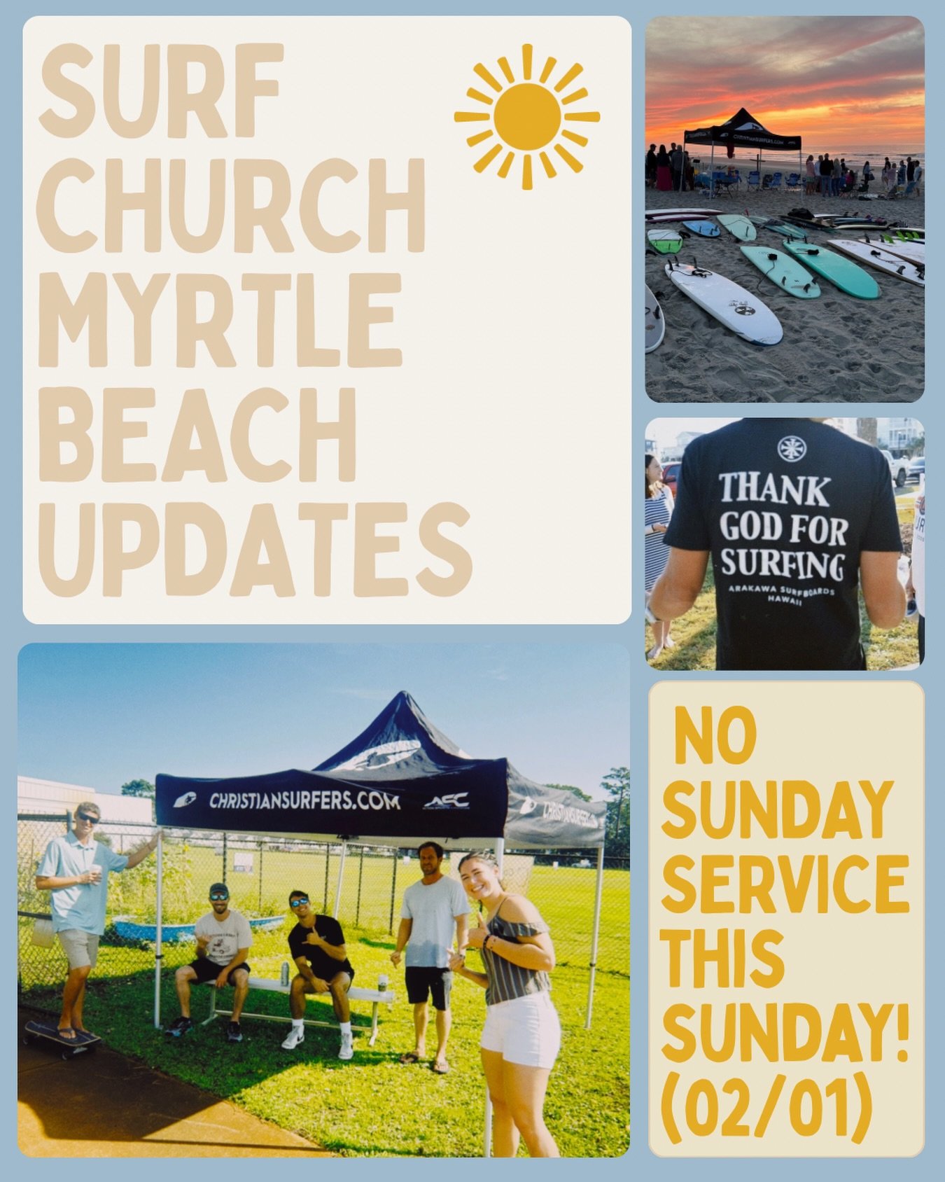 SURF CHURCH SERVICE IS CANCELLED - 02/01/2026❄️🥶

Because of the weather forecast, we have decided to cancel our service on Sunday!! 

Be safe &amp; stay warm!!🤙🏻⚡️❤️