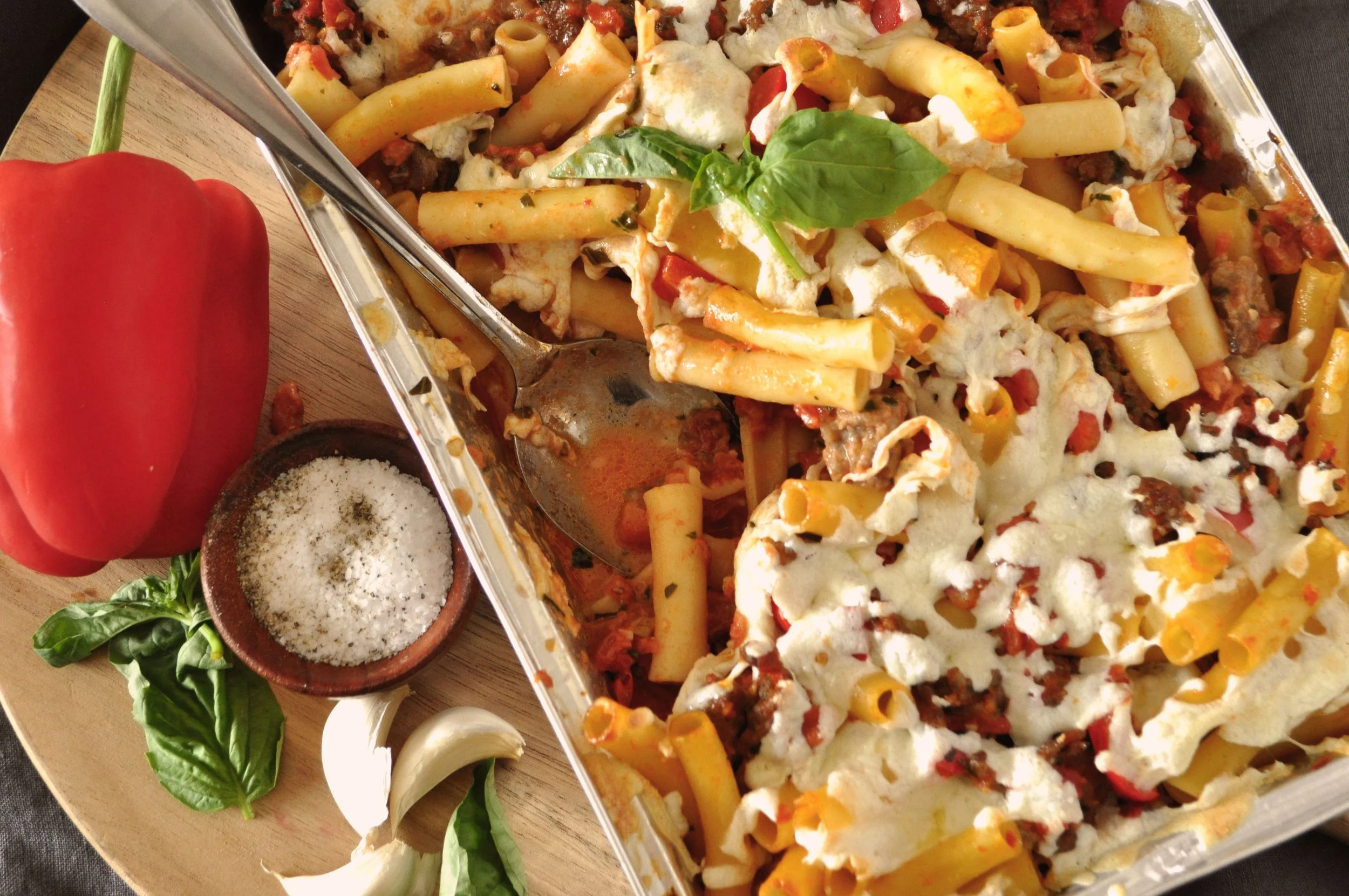Sausage Baked Ziti, Caesar Salad, Garlic Bread