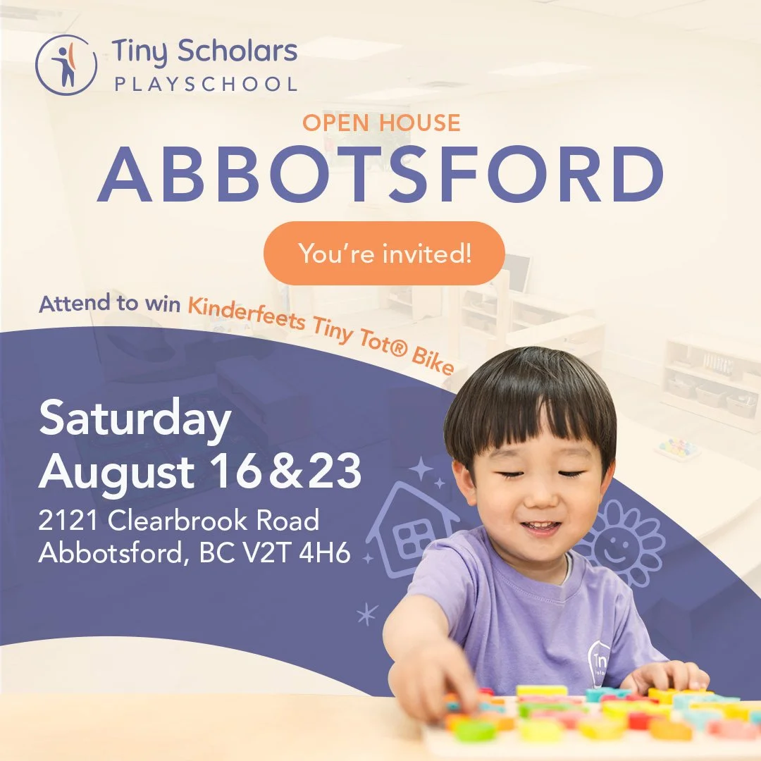 ✨ Abbotsford Families &mdash; Come visit Tiny Scholars!

Join us for our Open House on:
📅 Saturday, August 16 &amp; 23
📍 2121 Clearbrook Road, Abbotsford, BC

**Link in bio to RSVP!

🕙 Tour Times:
10&ndash;11 AM | 11&ndash;12 PM | 12&ndash;1 PM | 