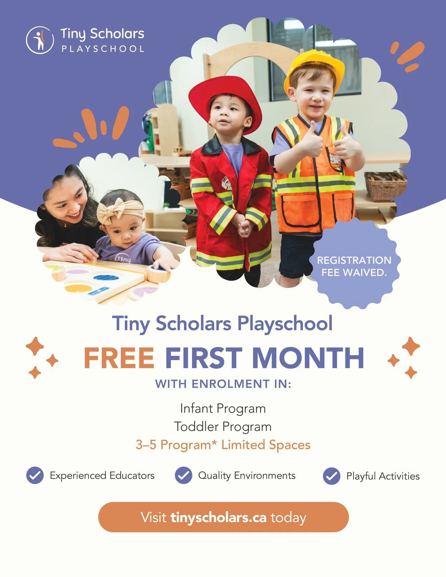 🌟 A special opportunity for families &mdash; limited time only!

We know choosing childcare is a big decision &mdash; we&rsquo;re here to make it easier 💜

We&rsquo;re offering your child&rsquo;s first month FREE, with the registration fee waived w