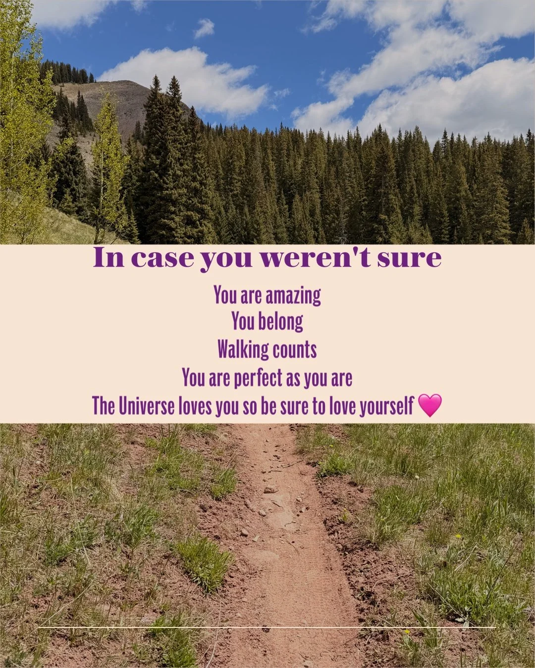 So many people tell me they feel like an imposter or don't see themselves as an athlete.  If you move, you are an athlete.
In case you weren't sure
-You are amazing
-You belong
-Walking counts
-You are perfect as you are
-The Universe loves you so be