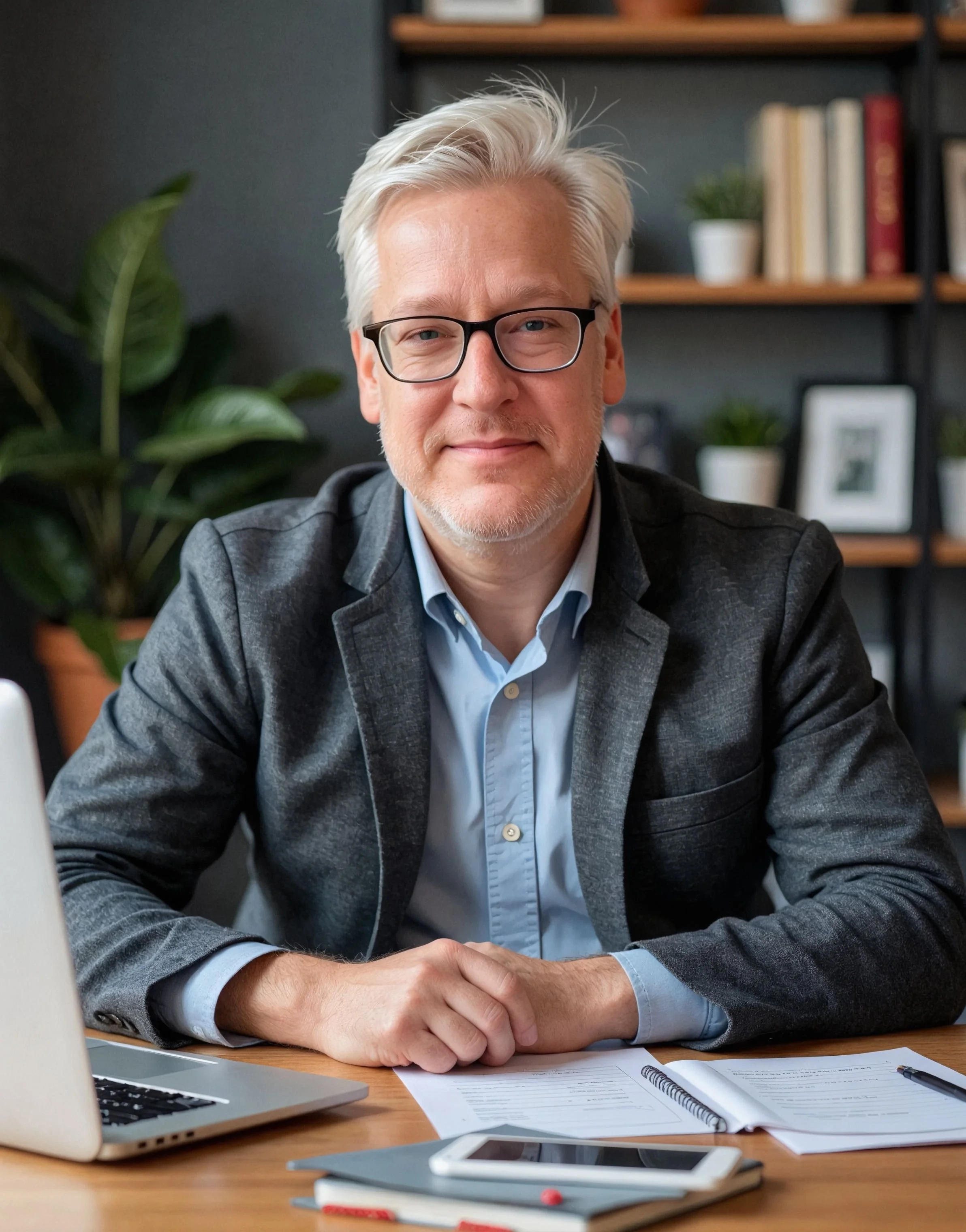 A middle-aged man with glasses and white hair sitting at a desk with laptops, notebooks, and papers, smiling at the camera in a modern office setting.