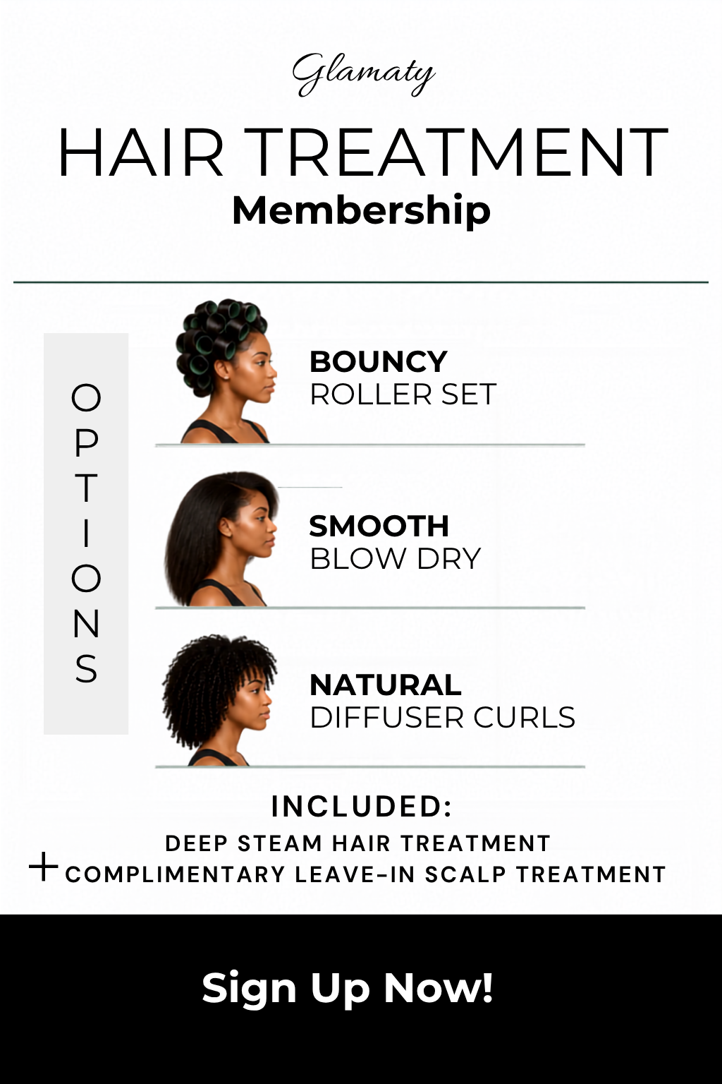 Promotional poster for Glamaty Hair Treatment Membership featuring images of three women with different hairstyles and listed treatment options: Bouncy Roller Set, Smooth Blow Dry, Natural Diffuser Curls. Includes additional treatments: deep steam hair treatment and complimentary leave-in scalp treatment, with a call to action to sign up now.