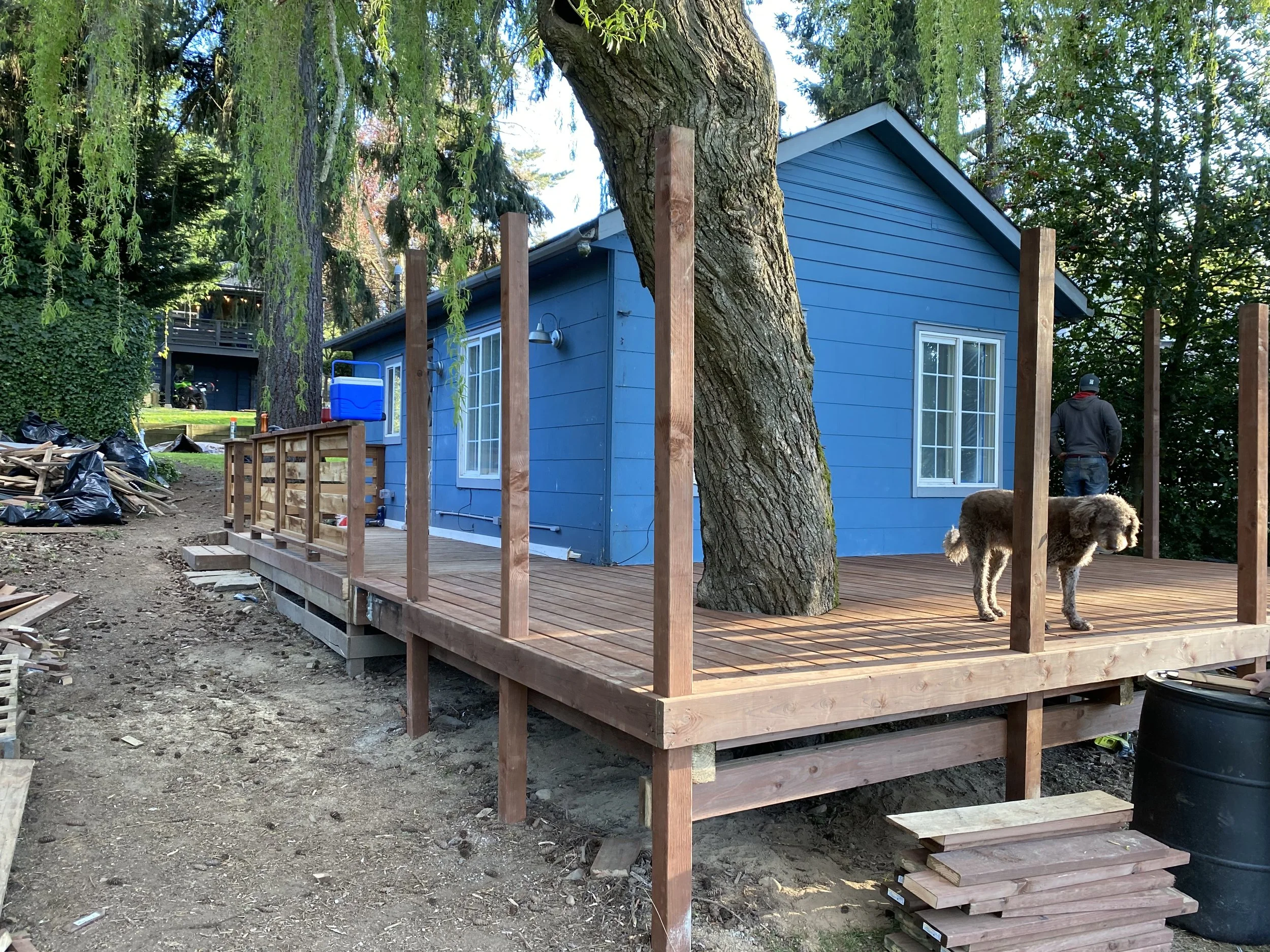 A new wooden deck under construction in backyard, attached to a blue house with several windows, surrounded by trees. A man and a dog are on the deck, with piles of wood and tools nearby.