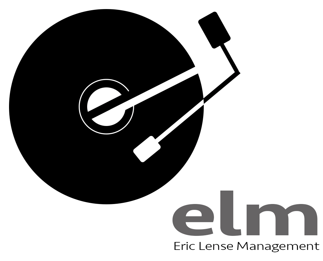A stylized black and white logo of a record with a needle arm, accompanied by the lowercase text 'elm' underneath.