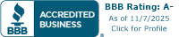 BBB accreditation logo with 'BBB Rating: A-' and 'As of 11/7/2025'