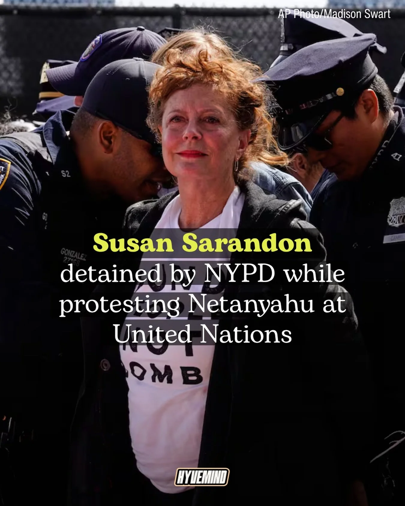 79 year-old Academy Award winning actress Susan Sarandon was detained during a Pro-Palestine demonstration at the United Nations this afternoon, where protesters held banners that read &ldquo;Stop Arming Israel&rdquo; and &ldquo;End the Genocide&rdqu