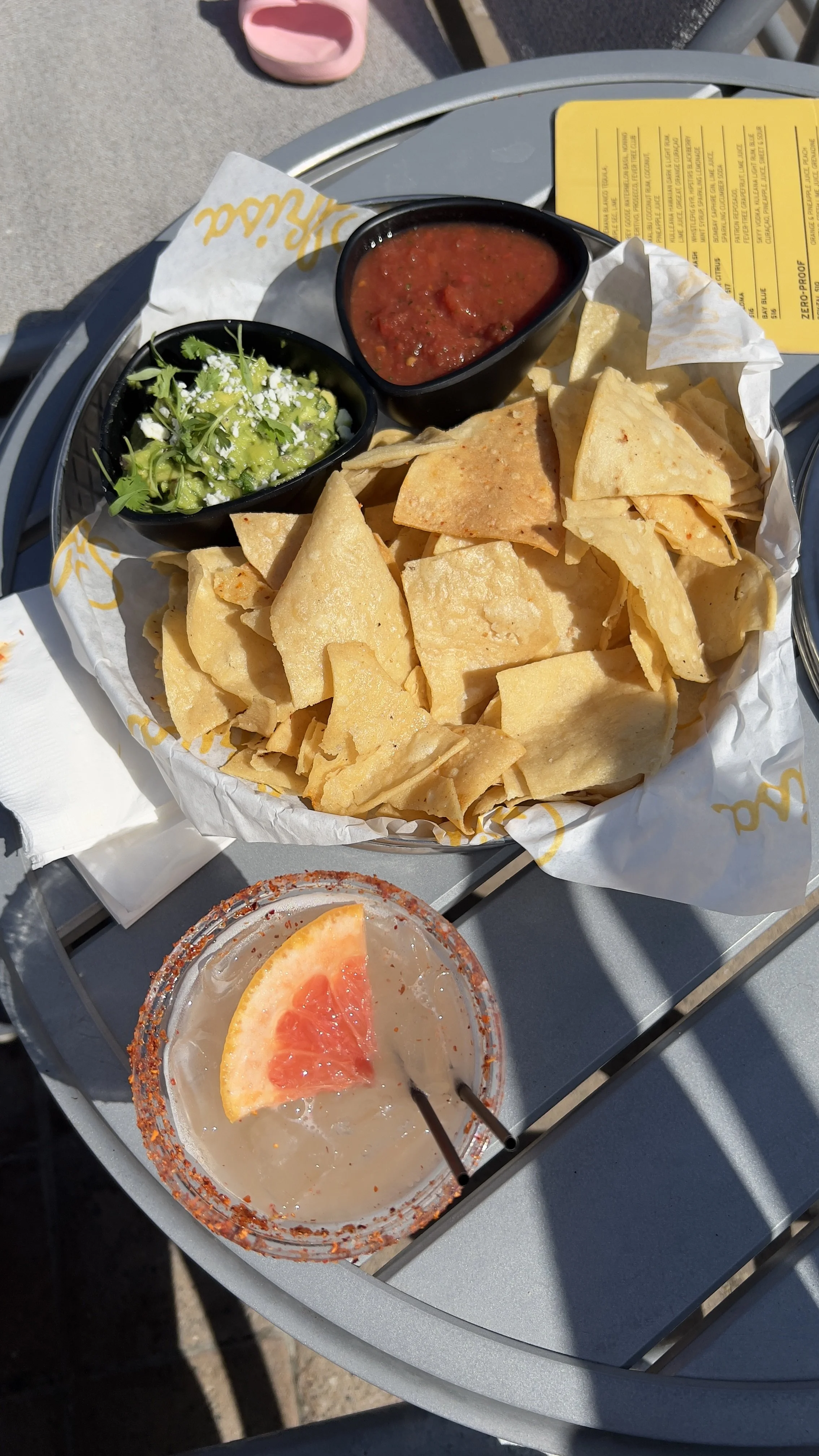 Chips, Salsa, Guac, and Paloma