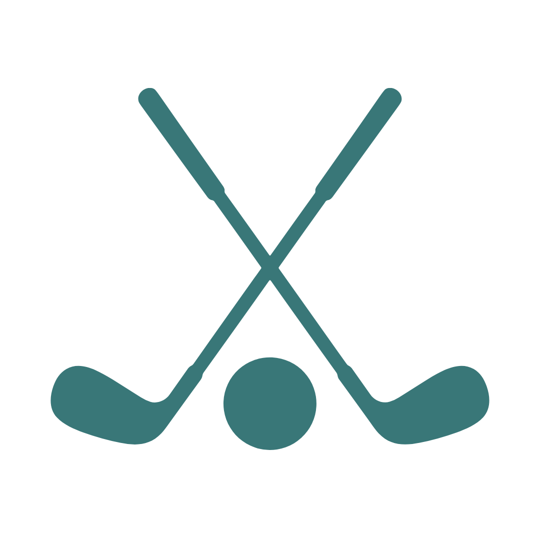 A minimalist logo of two crossed golf clubs with a golf ball underneath.