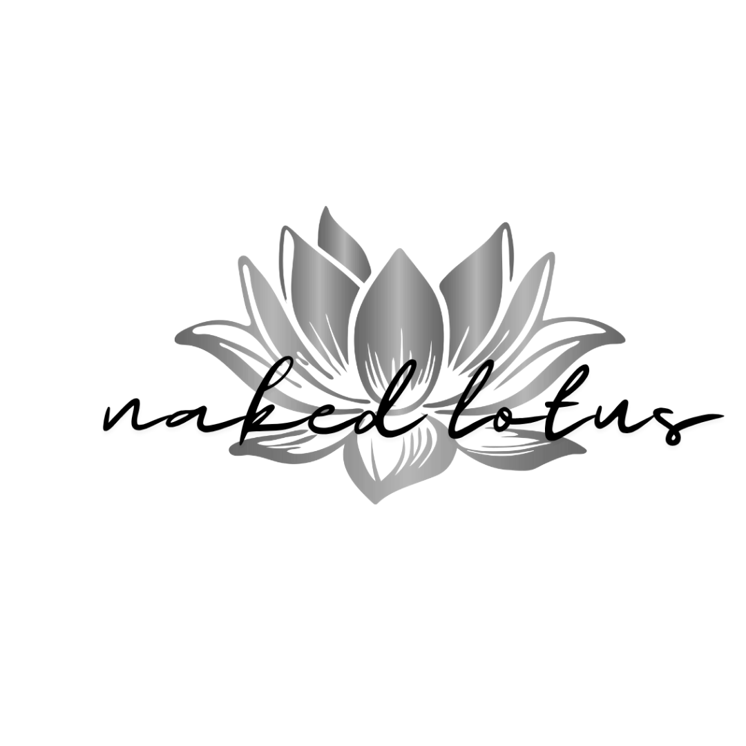 Logo for Naked Lotus skincare - A black and gray illustration of a lotus flower with the words Naked Lotus written across the petals.