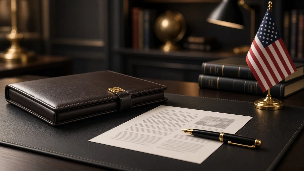 Executive desk with a leather portfolio, fountain pen, printed document and a small American flag