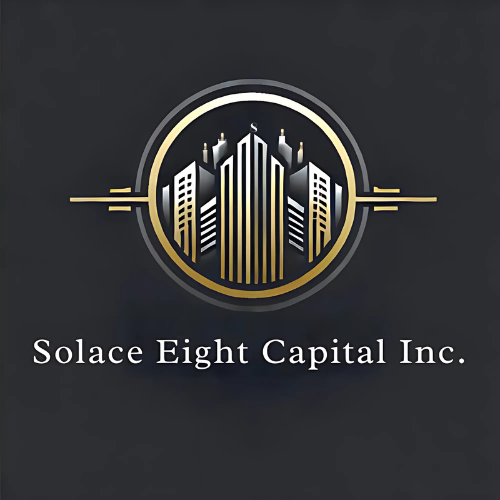 Logo of Solace Eight Capital Inc. featuring a gold and silver city skyline within a circle on a dark background.