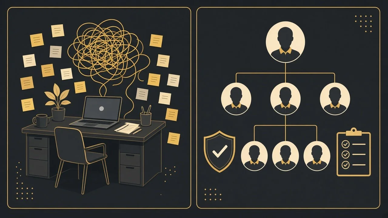 Split illustration comparing a cluttered solo freelancer desk with an organized managed team org chart, shield and checklist