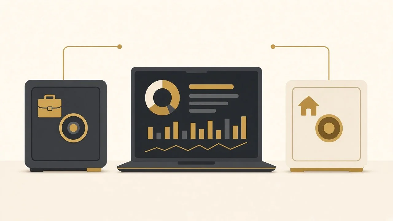 Separate business and personal safes connected to a laptop showing a payments dashboard