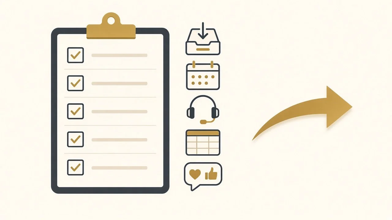 Delegation checklist next to icons for inbox, calendar, support headset, spreadsheet and social media