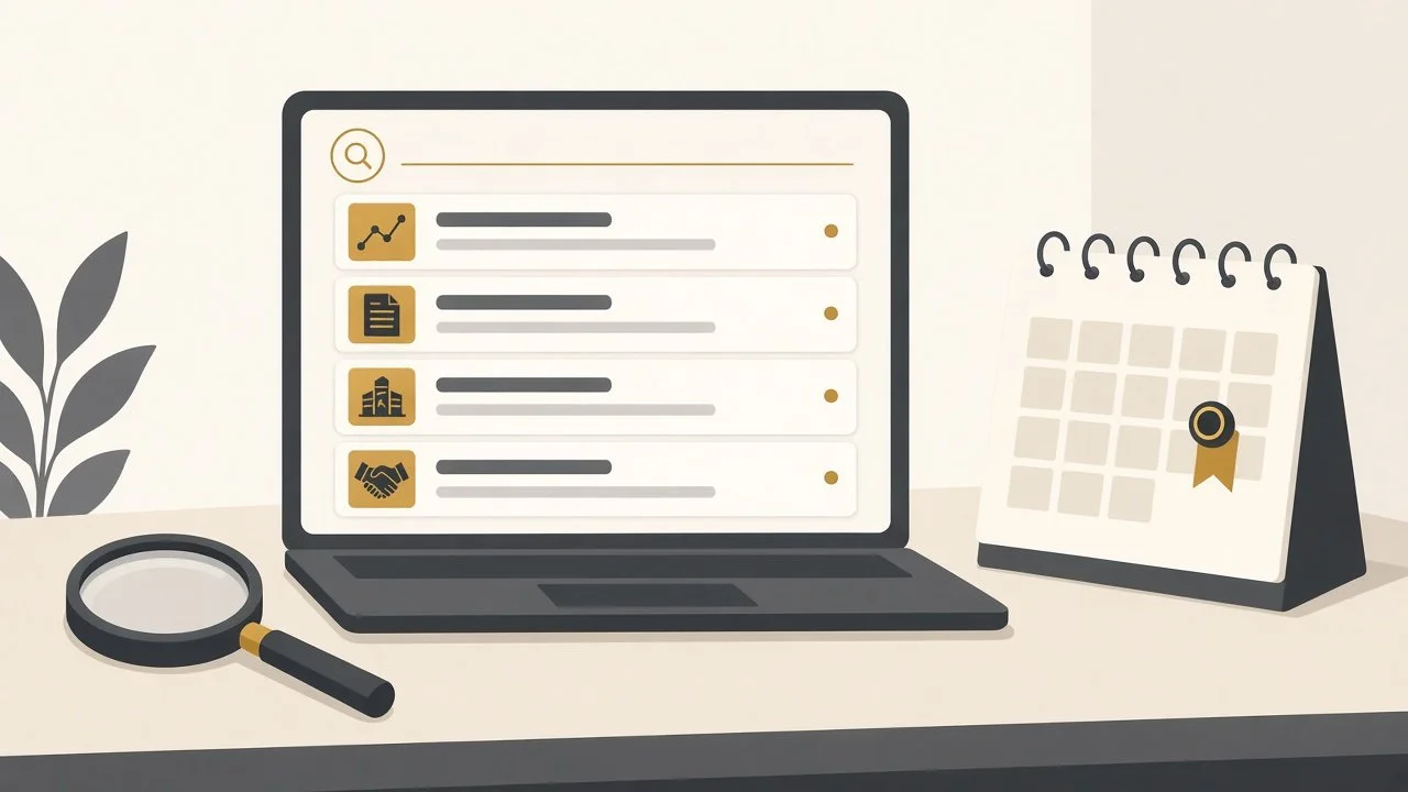 Laptop showing a list of opportunity cards beside a magnifying glass and a calendar with a deadline marker