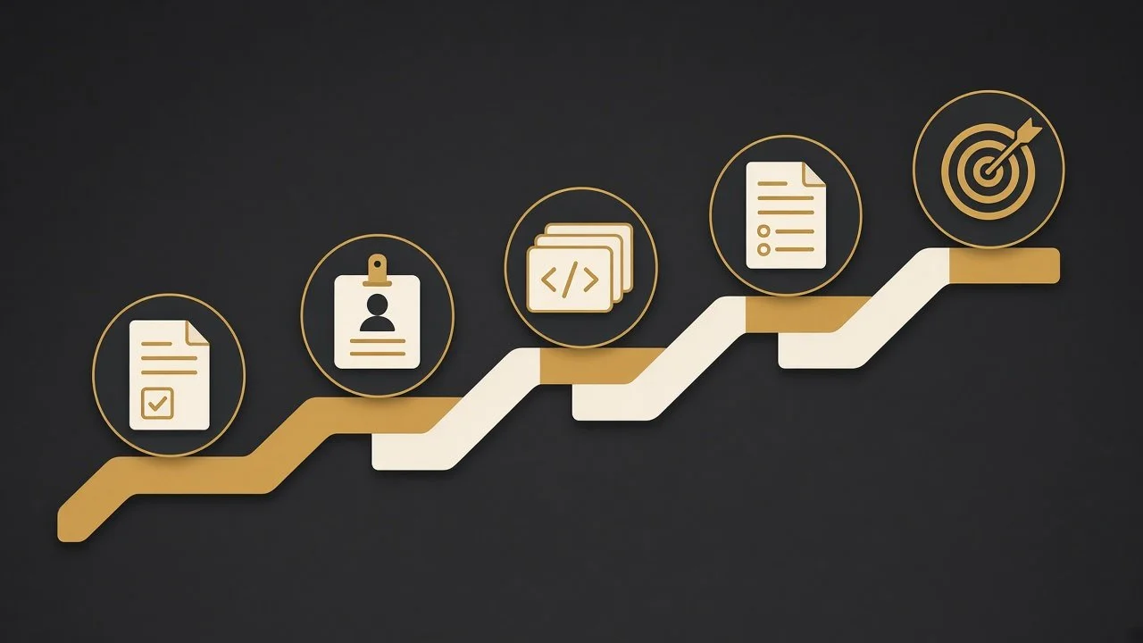 Five-step roadmap climbing upward from registration form to ID badge, code cards, one-page document and target