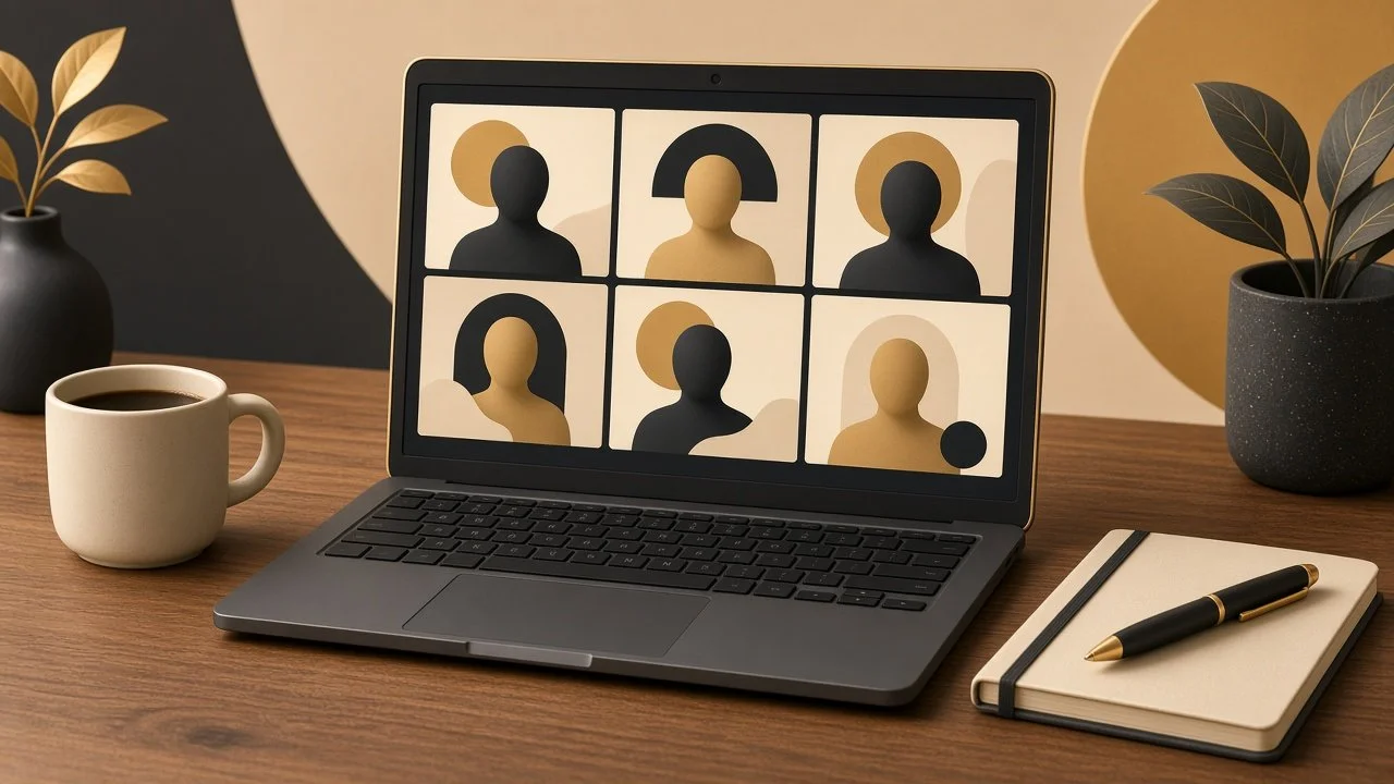Laptop on a wooden desk showing a video call grid of six faceless avatars representing a remote team