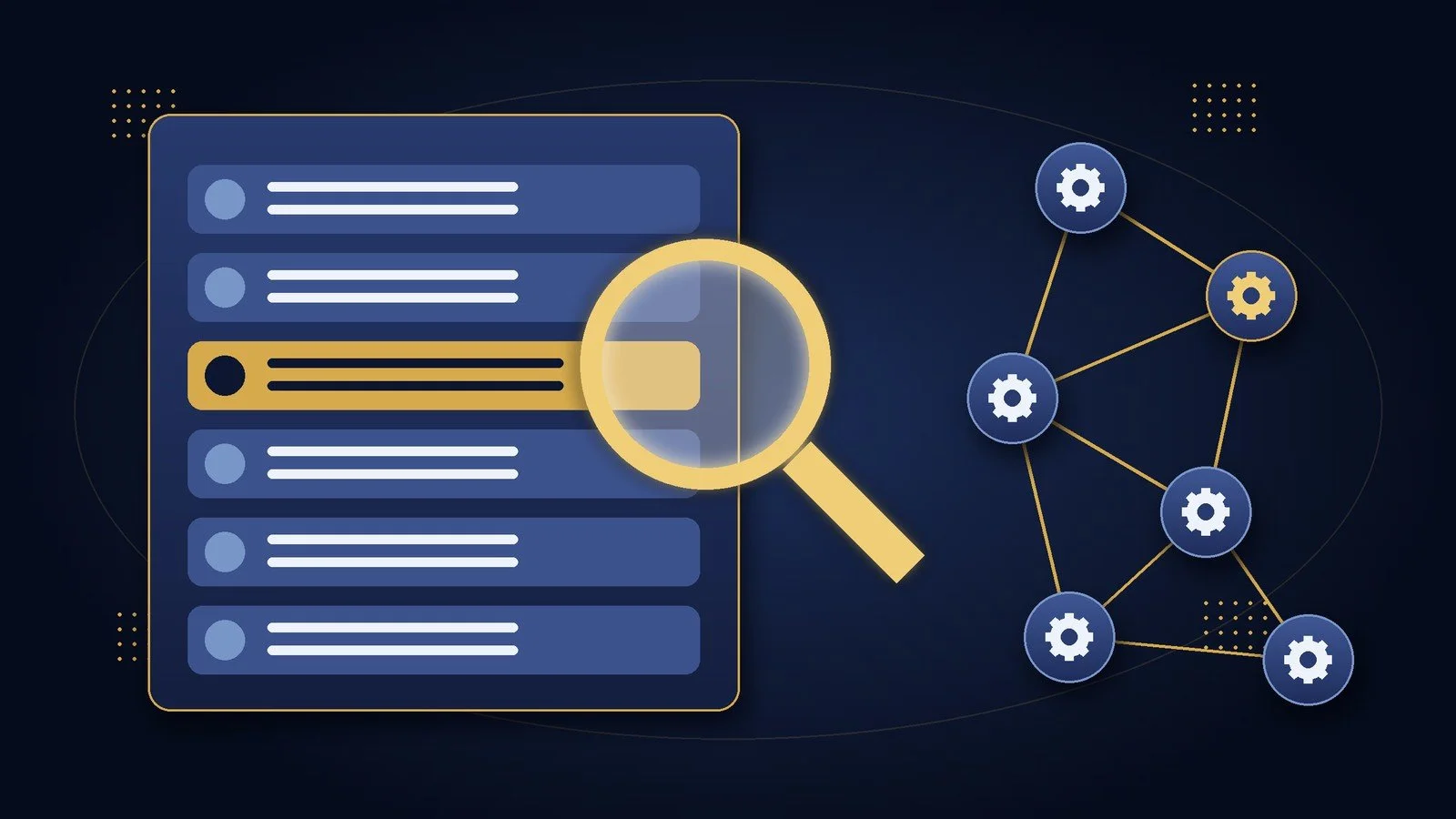 Illustration of a magnifying glass highlighting one entry in a directory list, next to a network of connected company nodes representing prime contractors