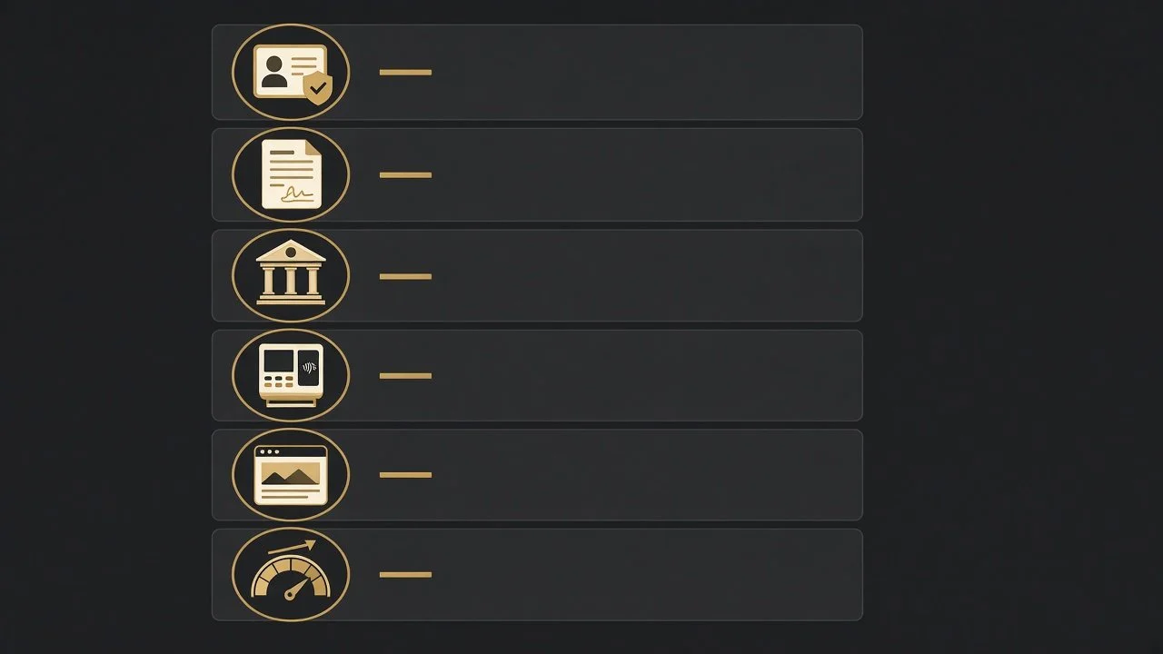 Six-step checklist with icons for tax ID, signed bylaws, bank, payment terminal, website and rising credit gauge