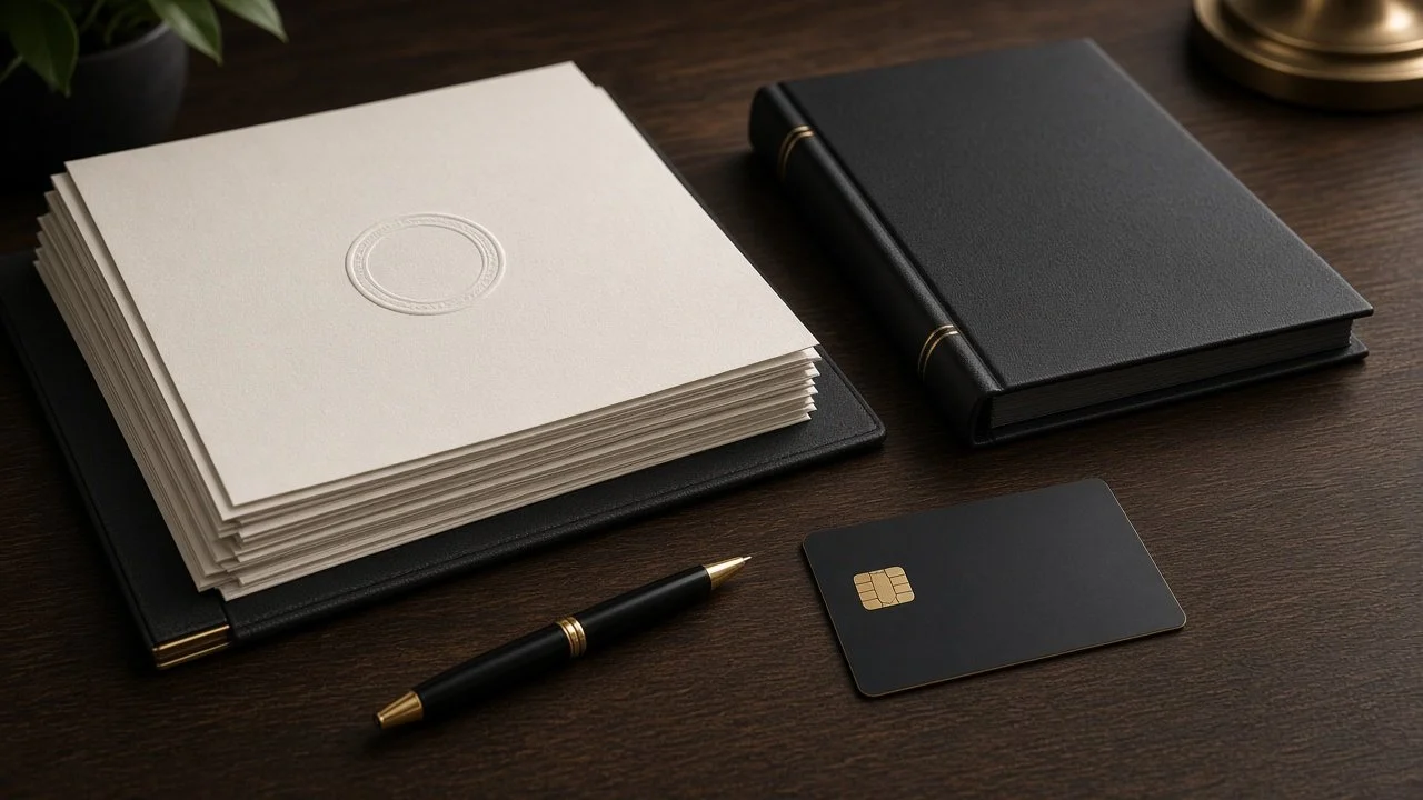 Stack of corporate formation papers with an embossed seal, a black minute book, a pen and a blank business card on a dark desk