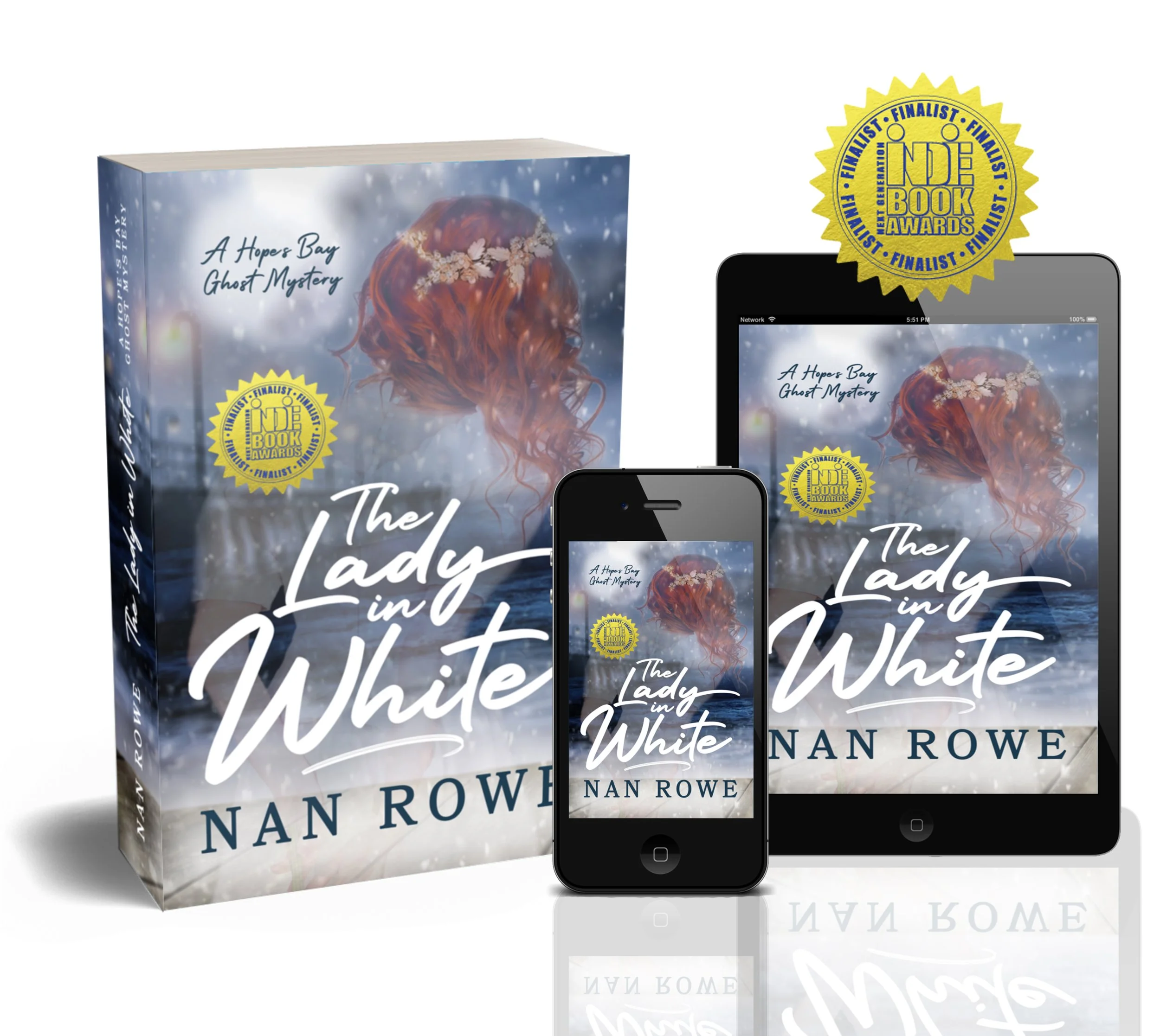 Cover of the book titled 'The Lady in White' by Nan Rowe, displayed alongside a smartphone and a tablet showing the same book cover, with awards stickers.